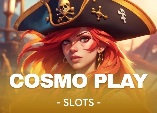 Digital illustration of a female pirate with long red hair wearing a large black pirate hat decorated with a skull and crossbones, and gold accents. The background features a sunset and ships, with the text 'COSMO PLAY - SLOTS -' at the bottom.
