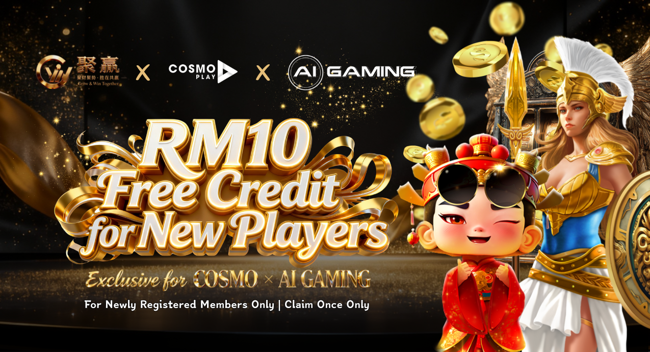 Promotional banner for a gaming promotion offering RM10 free credit for new players, featuring animated characters dressed as a historical warrior and a Chinese girl in traditional attire, with gold coins and sparkles.