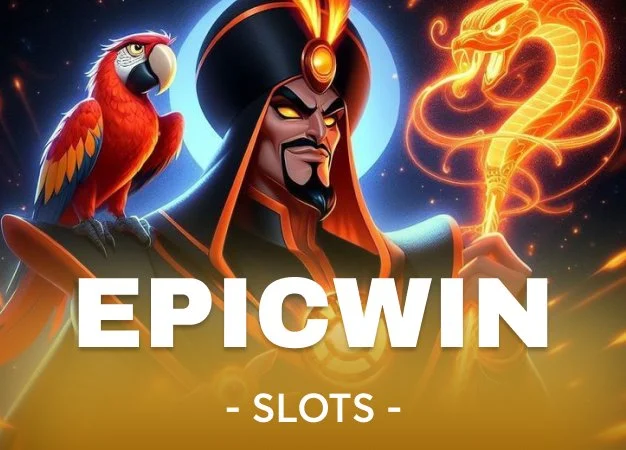 Illustration of a character dressed as a sorcerer, accompanied by a colorful parrot, with fiery snake and glowing staff, and the text 'EpicWin Slots' at the bottom.