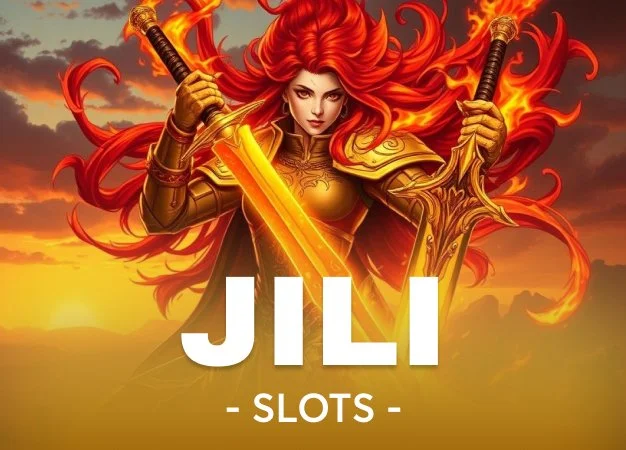 Illustration of a fierce woman with long flowing fiery red hair, wearing armor, holding a glowing sword in one hand and a flaming shield in the other, with a sunset background. Text reads "JILI SLOTS."