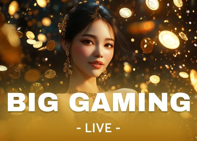 A woman with dark hair styled with a gold hair accessory, wearing earrings, with a background of floating gold coins and warm lighting. Text overlays say 'BIG GAMING' and 'LIVE'.