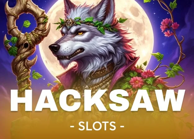 Illustration of a wolf with a crown made of vines and flowers, behind a full moon with a starry night sky, with the words 'HACKSAW SLOTS' at the bottom.