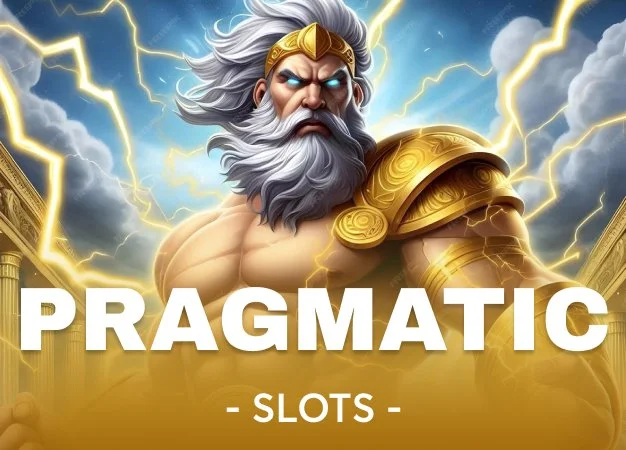 Illustration of a muscular old man with gray hair and beard, wearing golden armor and a crown, with lightning in the background and the word 'PRAGMATIC' and 'SLOTS' written on the image.