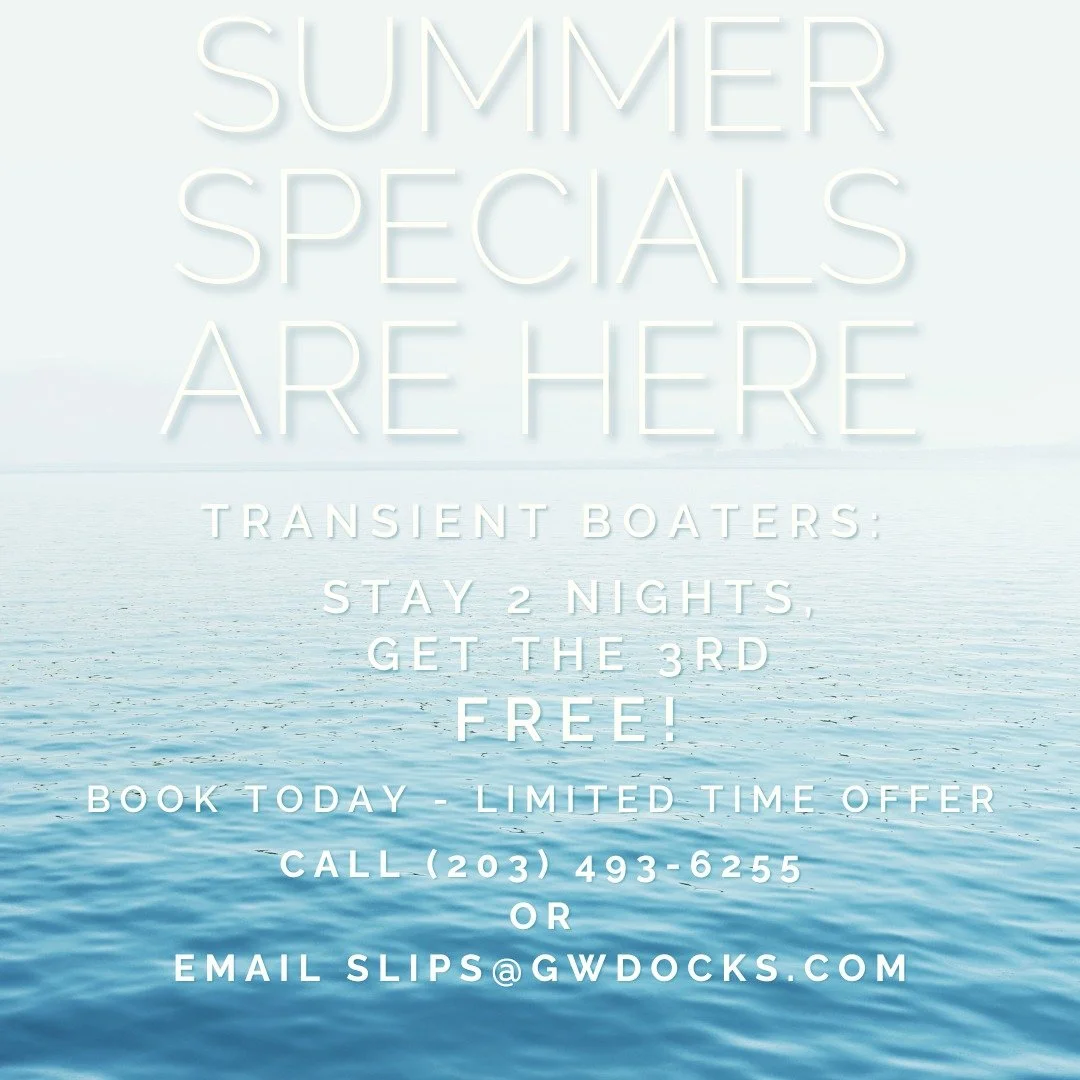 📢 SUMMER SPECIAL AT GREENWICH WATERSIDE MARINA! 🛥️

Dock with us and make the most of your summer escape!
Now through the end of summer, enjoy this limited-time transient dockage offer:

👉🏻 STAY 2 NIGHTS, GET THE THIRD FREE!

Whether you&rsquo;re