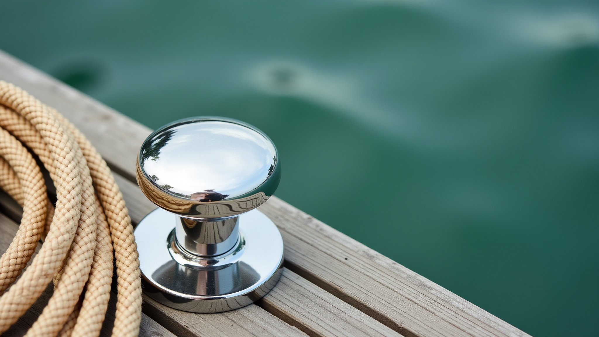 Close-up of a shiny metal boat cleat and coiled beige rope on a wooden dock beside a body of water.