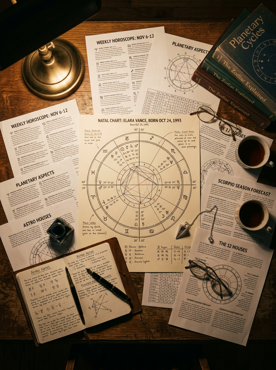 Astrological charts, books on planetary cycles and zodiac signs, note pad, glasses, cups of coffee, and a lamp on a wooden table.
