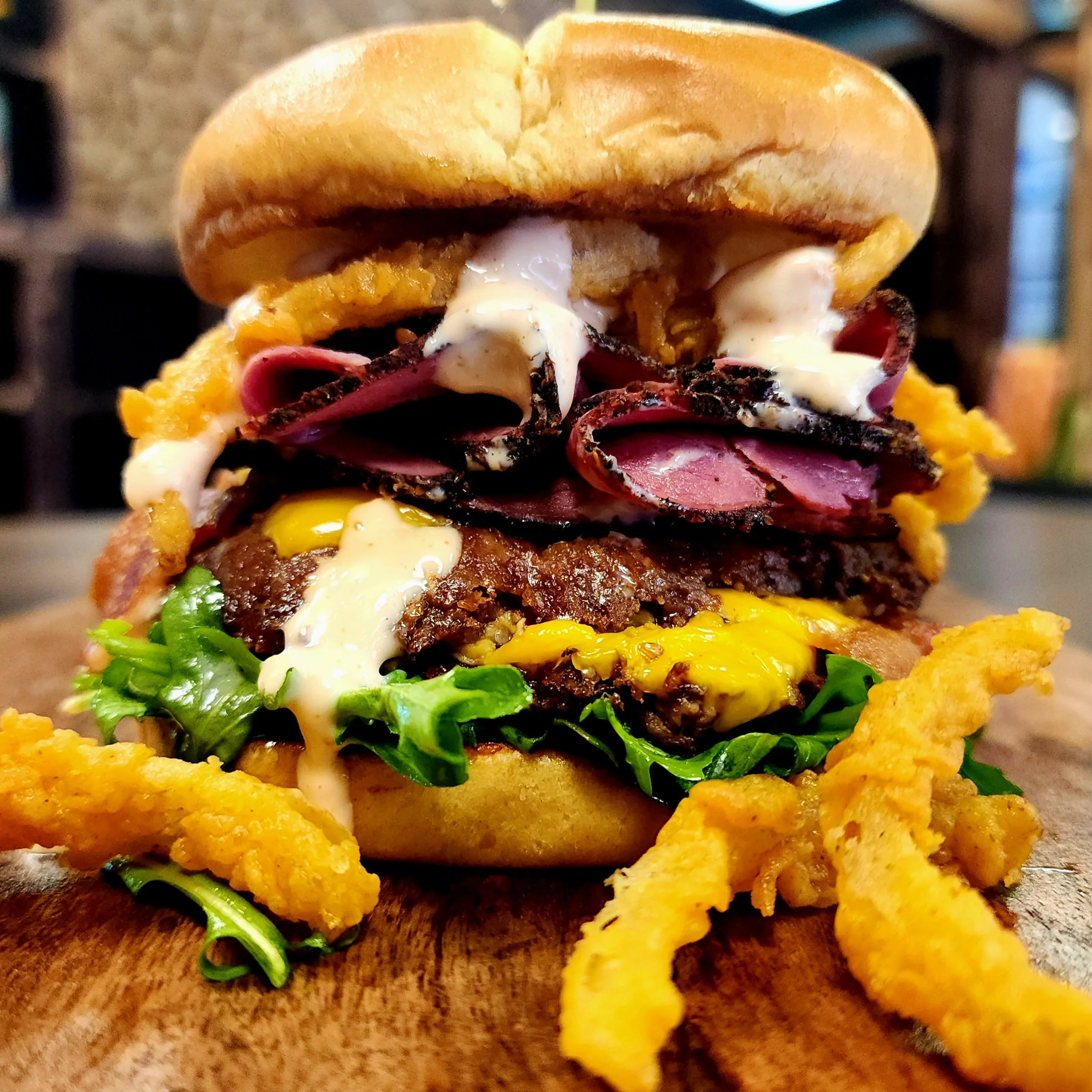 "Pastrami Mami" - Boar's Head Pastrami, Fried Vidalia Onion, & Fire Sauce