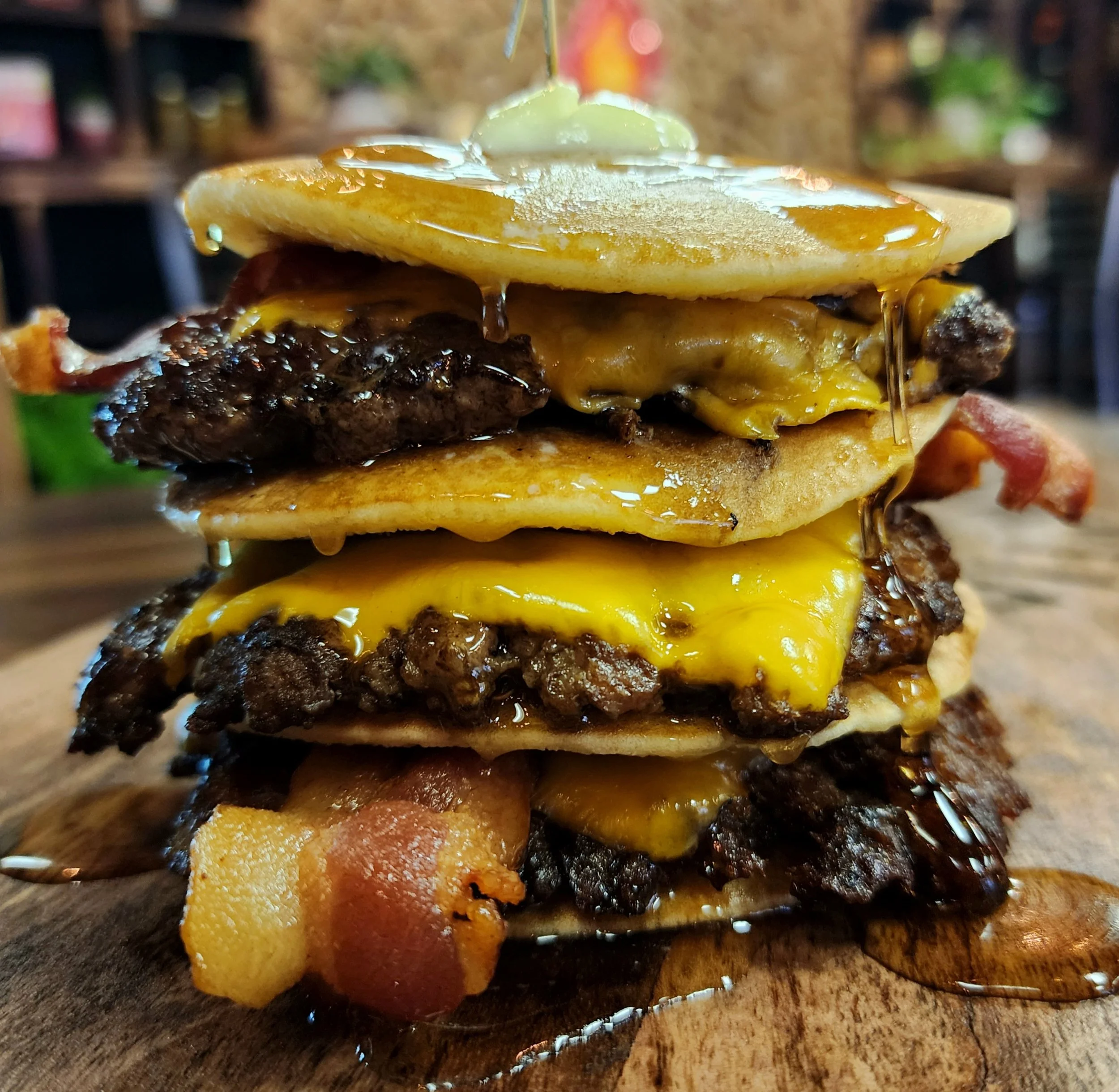 "Short Stack Brunch Burger" - Buttermilk Pancakes, Cinnamon Butter, & Maple Syrup