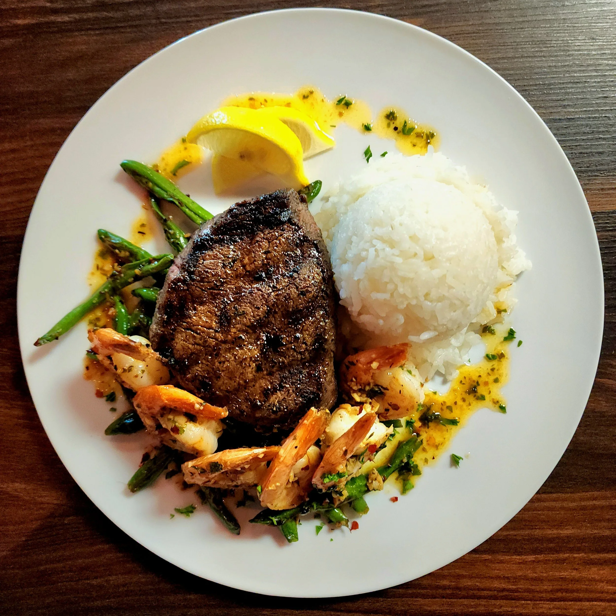 6oz Filet Mignon with Shrimp Scampi, Jasmine Rice, & Sauteed Half Runners.