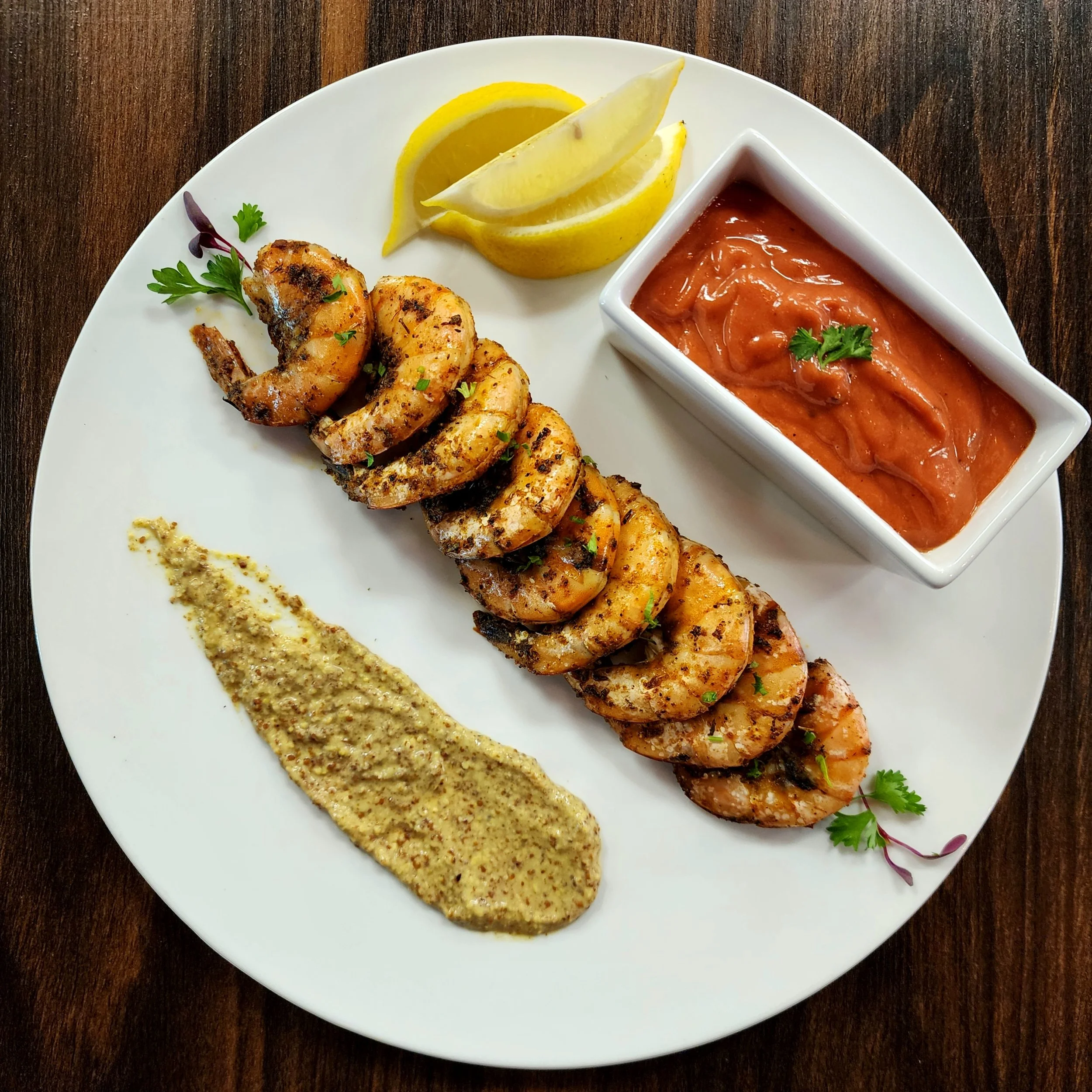 Blackened Gulf Shrimp with Coarse Ground Creole & Marie Rose Sauce.