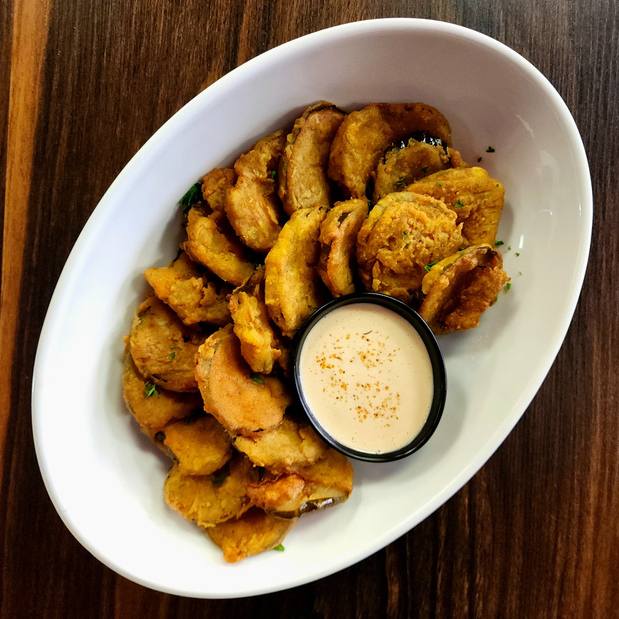 Fried Butter Pickles & Fire Sauce.
