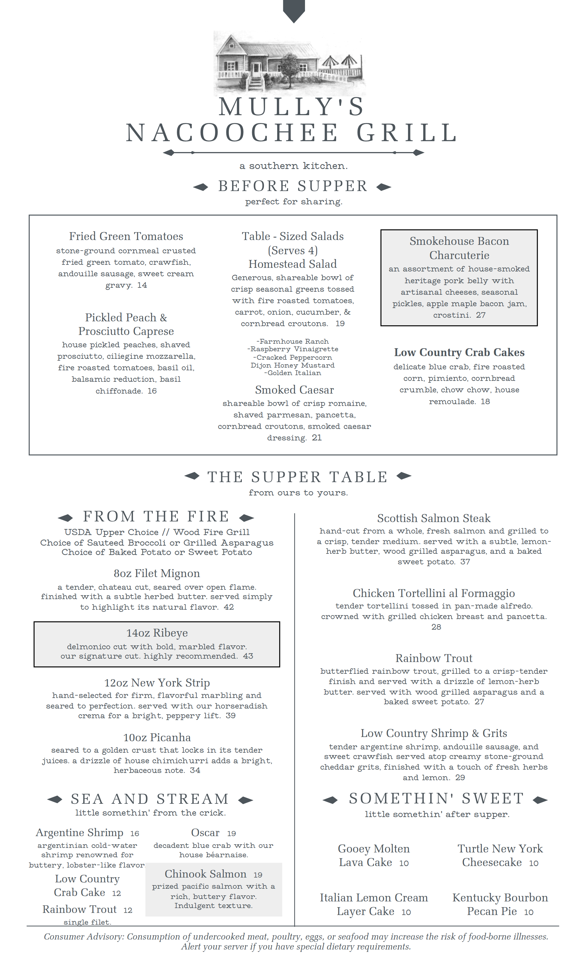Menu for Mully's Nacoochee Grill with sections for appetizers, salads, smoked meats, seafood, stream dishes, and desserts.
