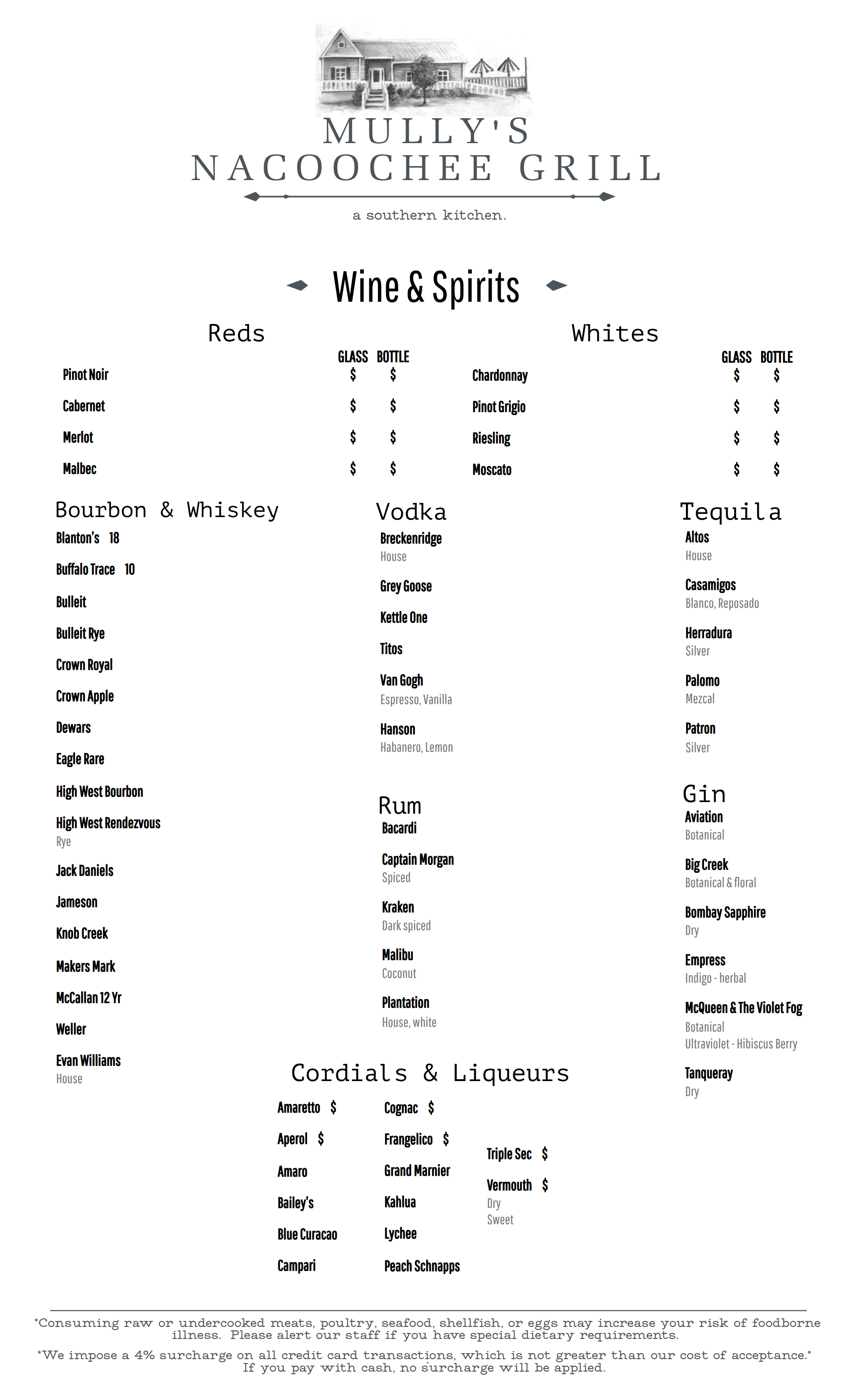 Menu for Mully's Nacoochee Grill featuring wine, spirits, bourbon, whiskey, vodka, rum, gin, and cordials with prices.