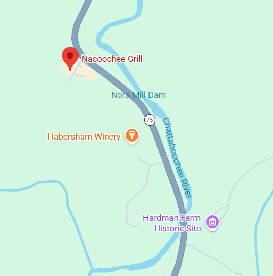 Map showing Nacoochee Grill, Nora Mill Dam, Habersham Winery, and Hardman Farm Historic Site near the Chattahoochee River.