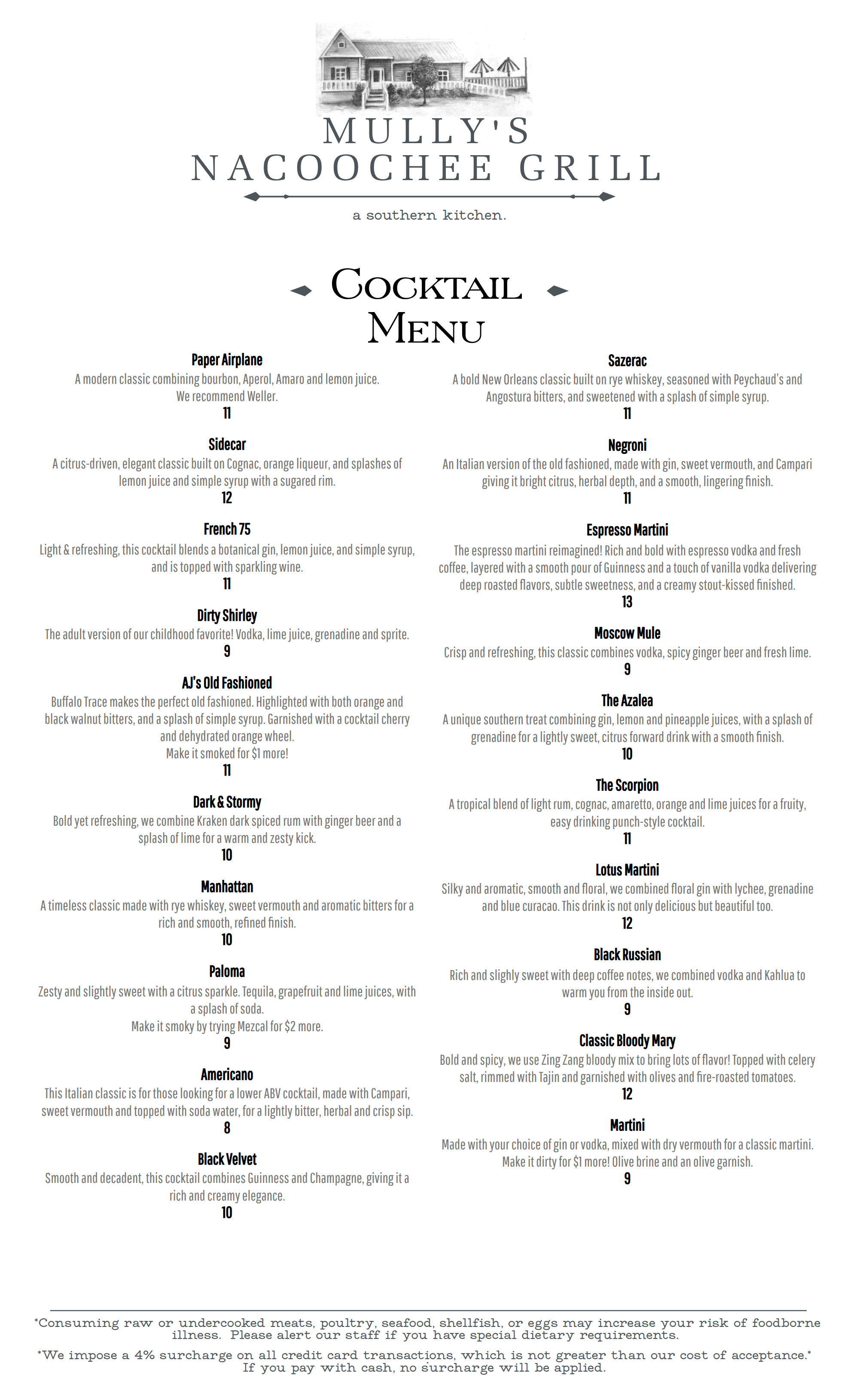 Cocktail menu from Mully's Nacoochee Grill, featuring drinks like Paper Airplane, Sidecar, French 75, Dirty Shirley, AJ's Old Fashioned, Dark & Stormy, Manhattan, Paloma, Americano, Black Velvet, Sazerac, Negroni, Espresso Martini, Moscow Mule, The Azalea, The Scorpion, Lotus Martini, Black Russian, Classic Bloody Mary, and Martini.