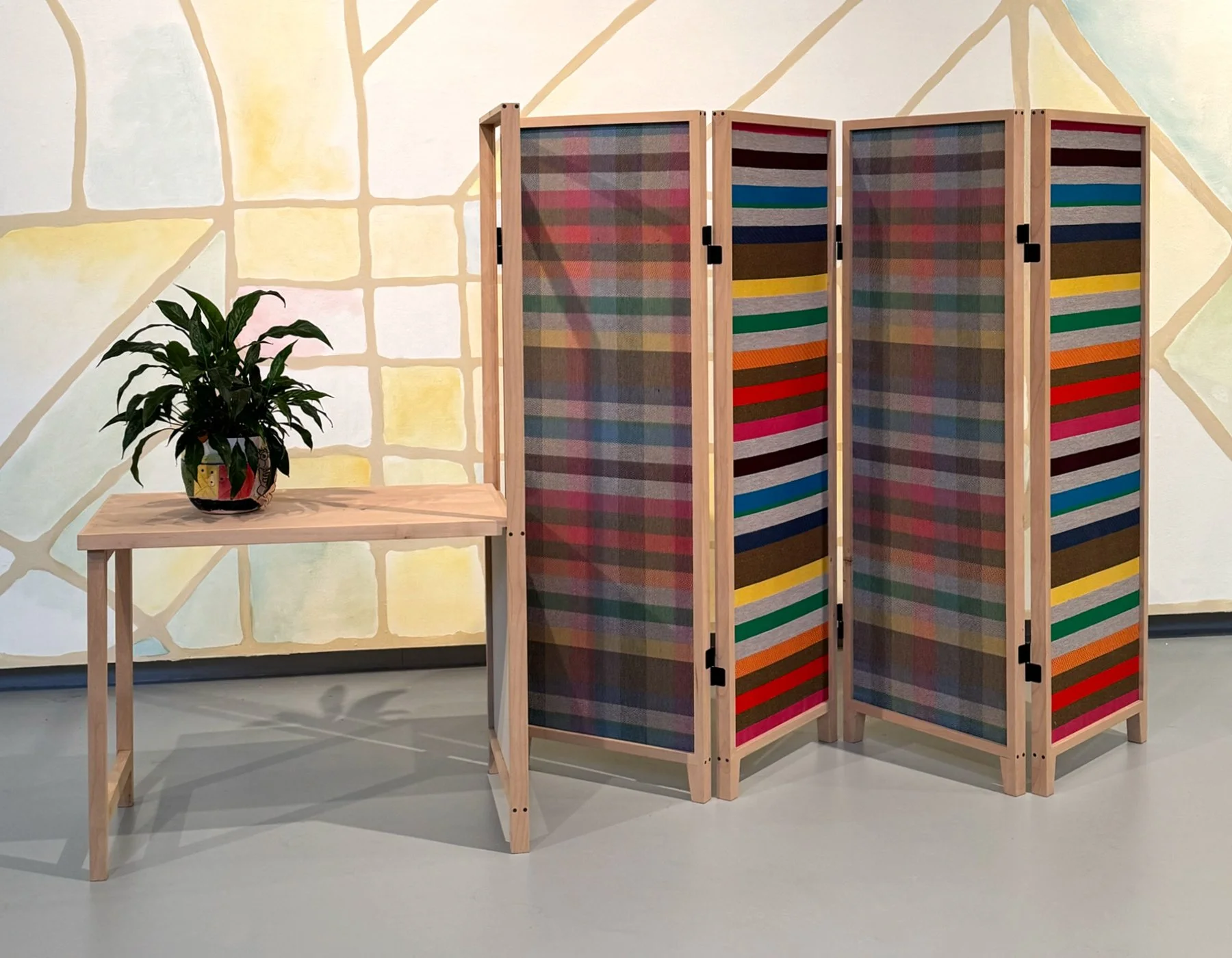 custom domestic screen with drop-down table and fabric inserts made in collaboration with artist Robert E. Paige for his exhibition, "The United Colors of Robert Earl Paige" at the Hyde Park Art Center (2024)