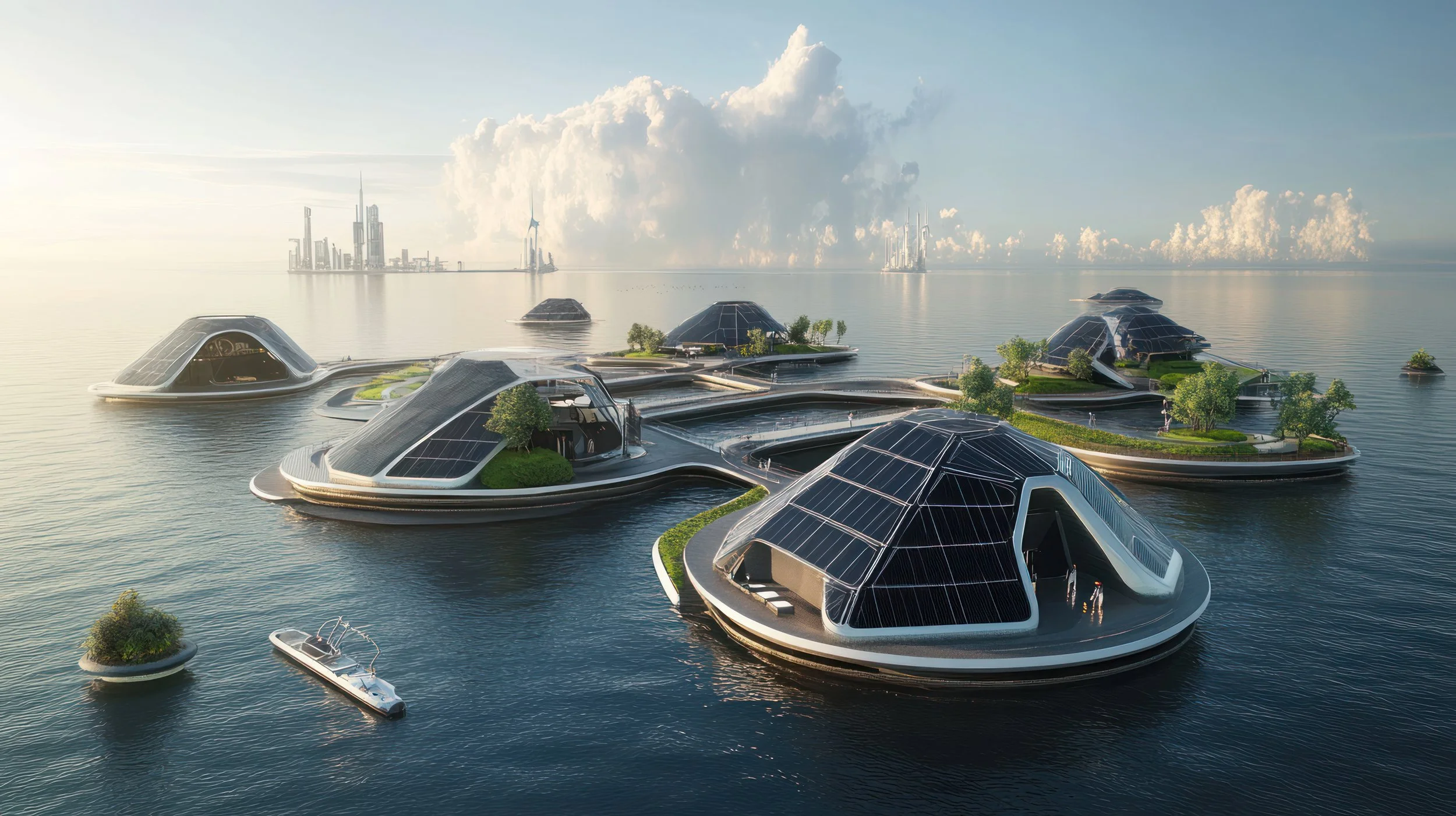 Futuristic floating structures with black solar panel roofs and greenery, connected by walkways on calm water, with a city skyline in the background.