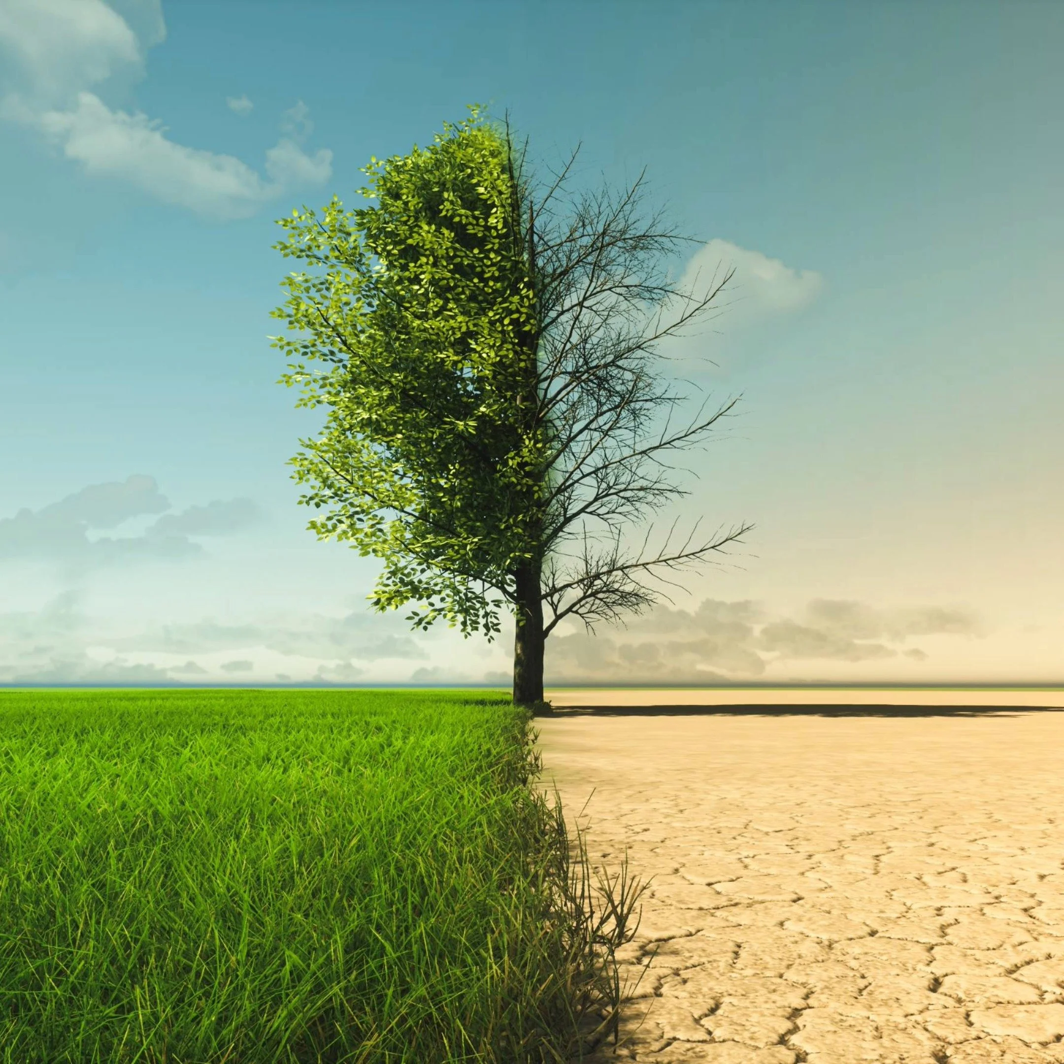 A single tree split in half, with lush green leaves on the left and dry, leafless branches on the right. The left side has green grass, the right side has cracked, dry ground. The background features a cloudy sky.