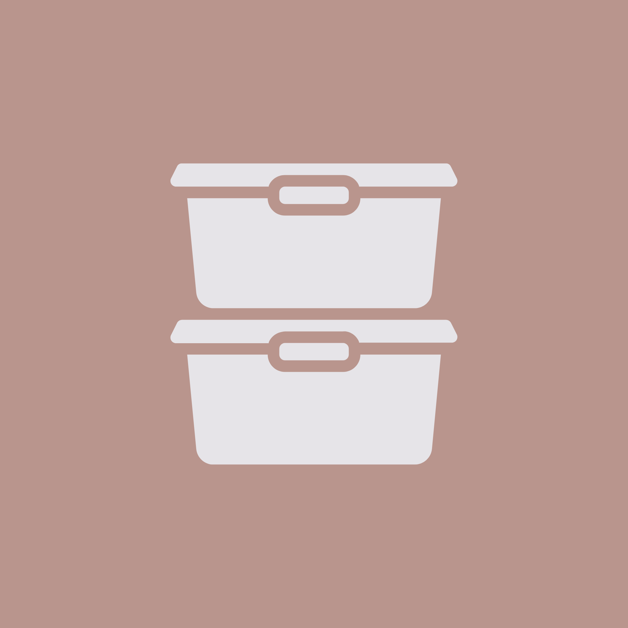Illustration of two stacked storage containers with handles, on a beige background.