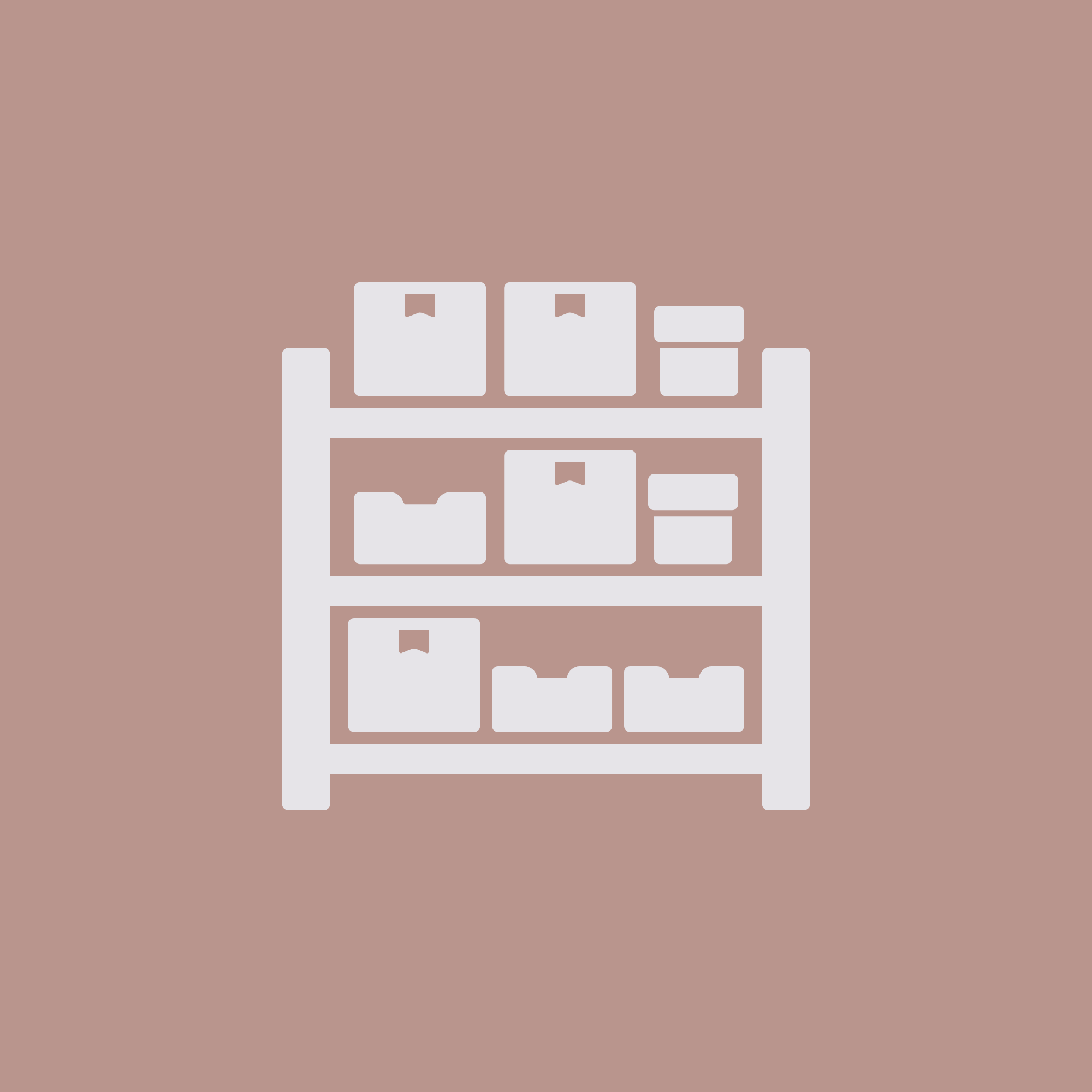 Illustration of a white shelving unit with boxes and folders on a pink background.