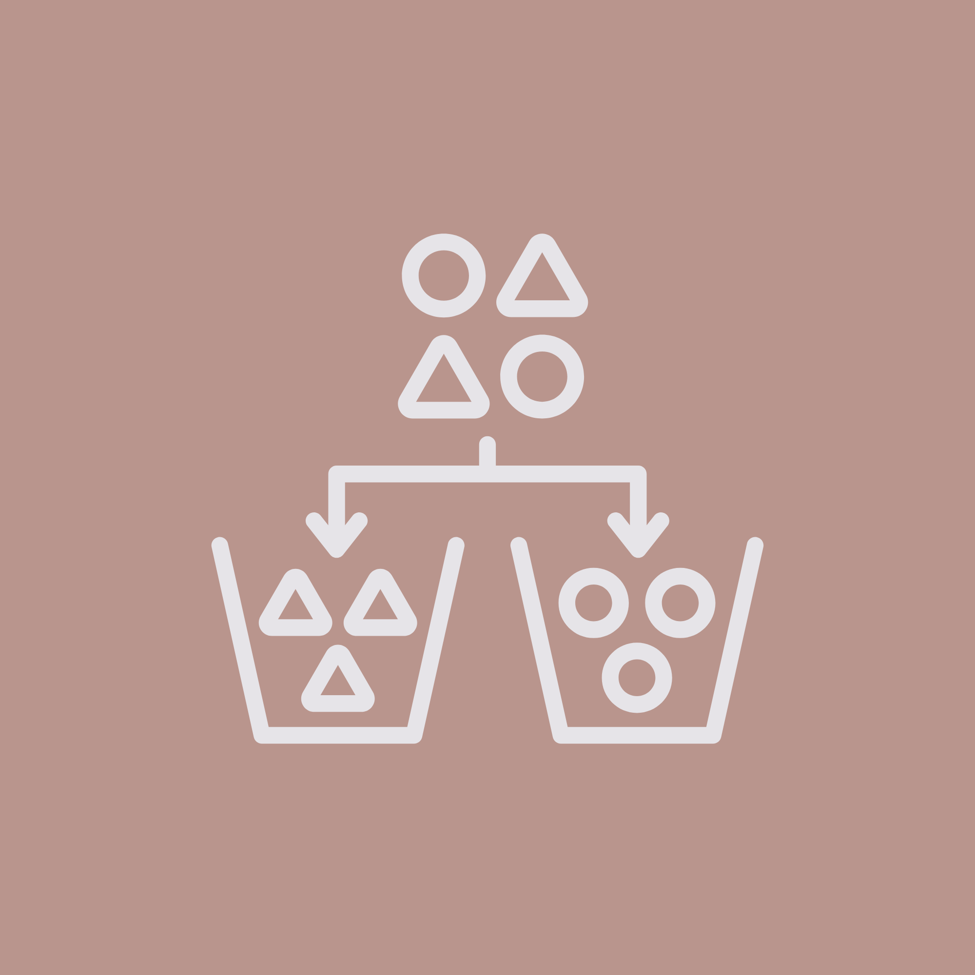 Diagram showing a process of sorting shapes into two groups, triangles into a container on the left and circles into a container on the right, with arrows indicating the flow from the top shapes to the groups.