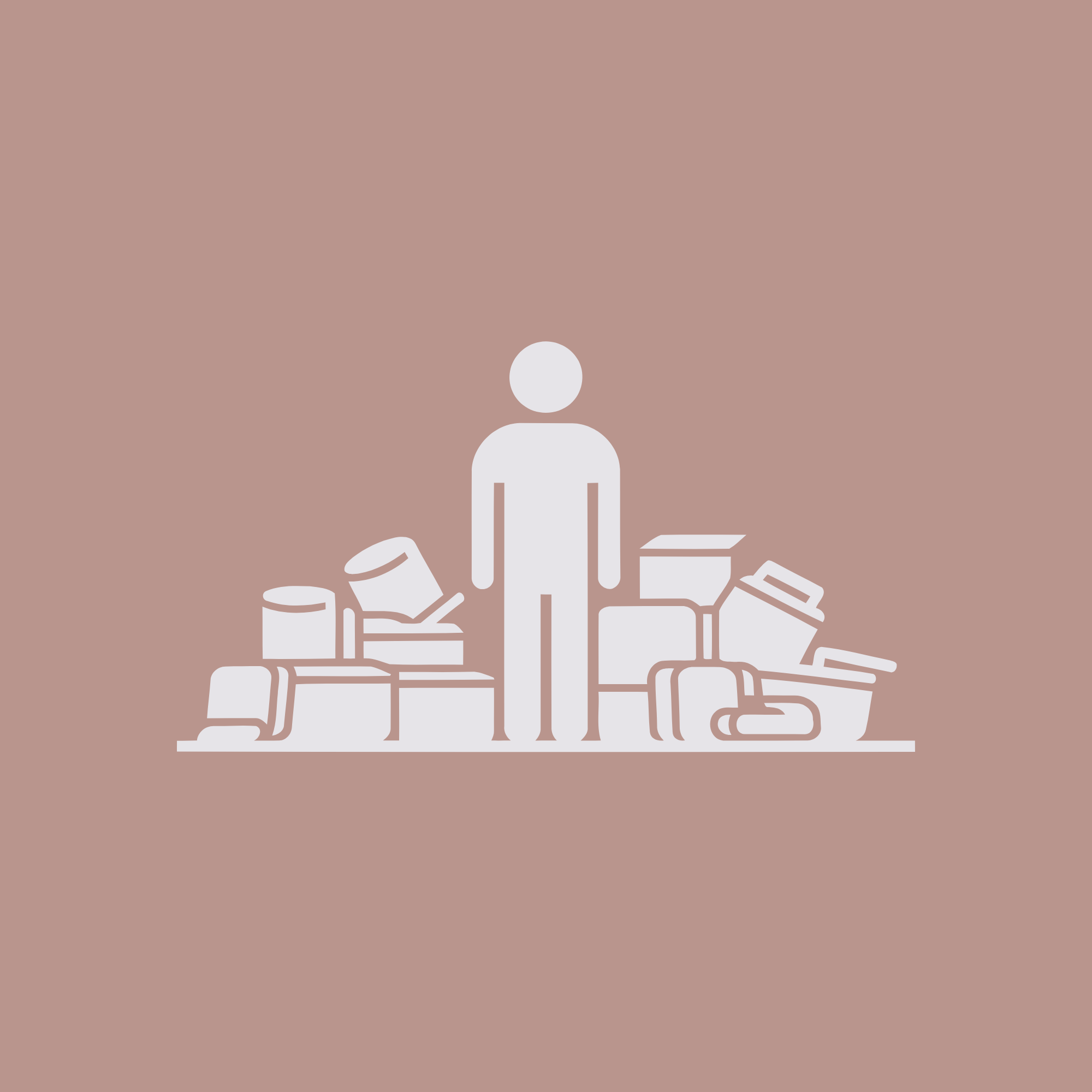 A minimalist illustration of a person standing among piled cardboard boxes.
