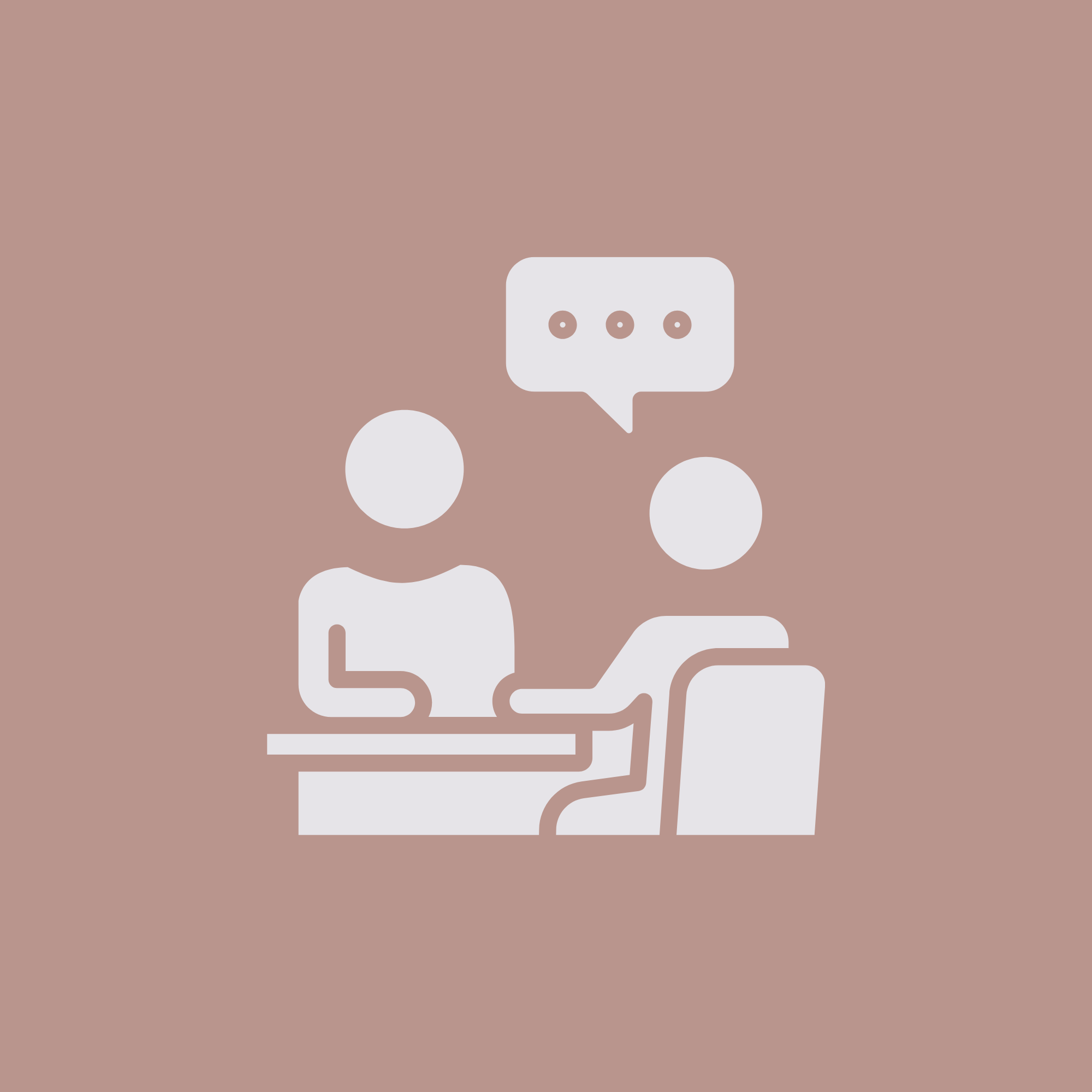 Icon of two people having a conversation at a table with a speech bubble containing three dots.