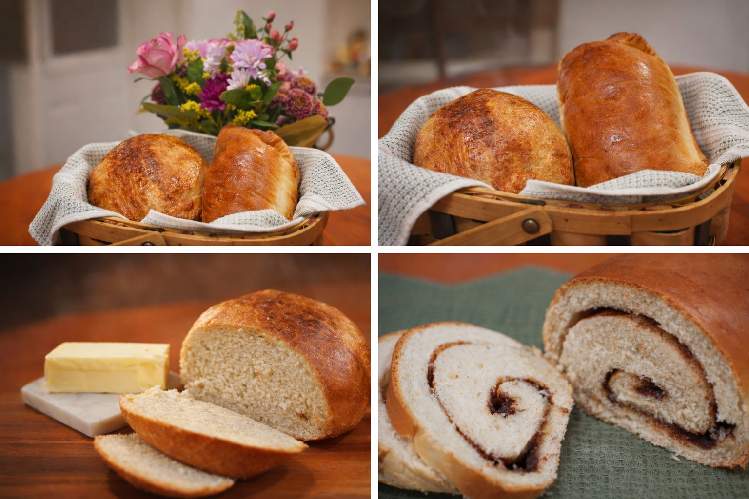 A basket with bread rolls and loaves, a sliced round bread with butter, and a sliced Swiss roll cake with fruit filling.