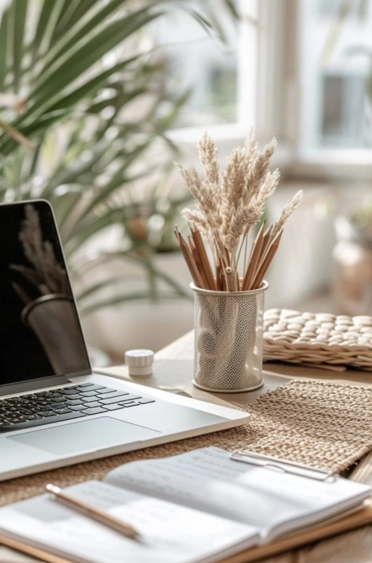 Close-up of a workspace with a laptop, an open planner, and a pen on a woven table mat. A metallic container holds dried grasses and pencils, with a large leafy plant and window in the background.