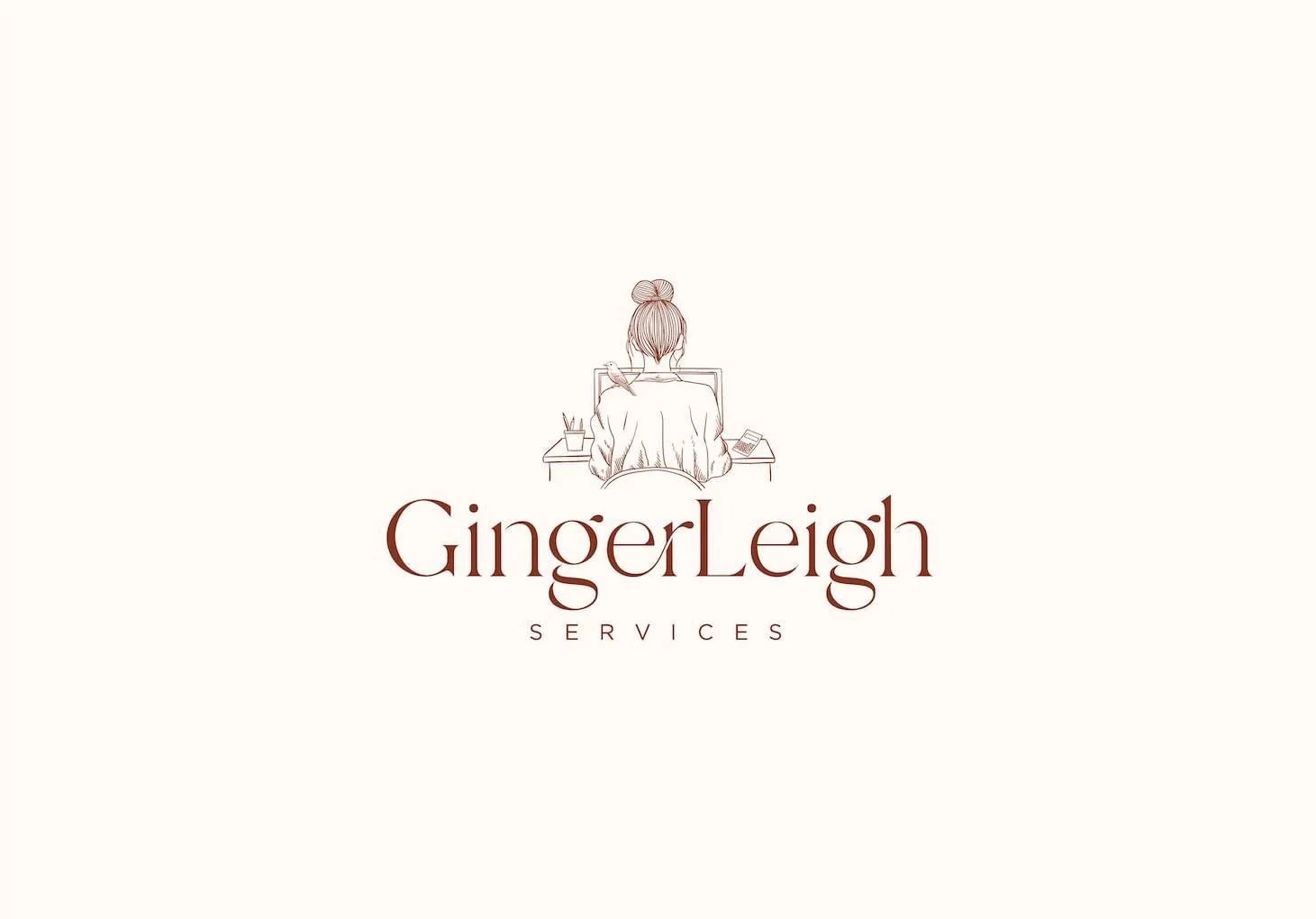 Logo for GingerLeigh Services featuring a line drawing of a woman working at a desk with a plant, pencil holder, bird on her shoulder, and phone, with the company name in stylish brown font.