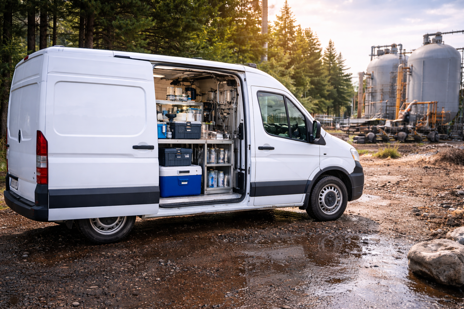 A white service van with its side door open, showing equipment and supplies inside, parked on a muddy path in a forested area with industrial tanks in the background.