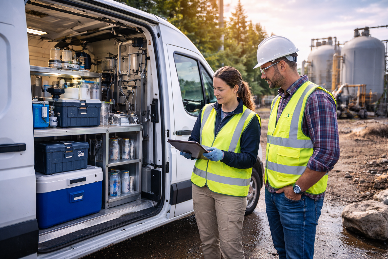 Two construction workers in safety vests and hard hats standing near a utility van with equipment, looking at a tablet at a construction site during sunset.