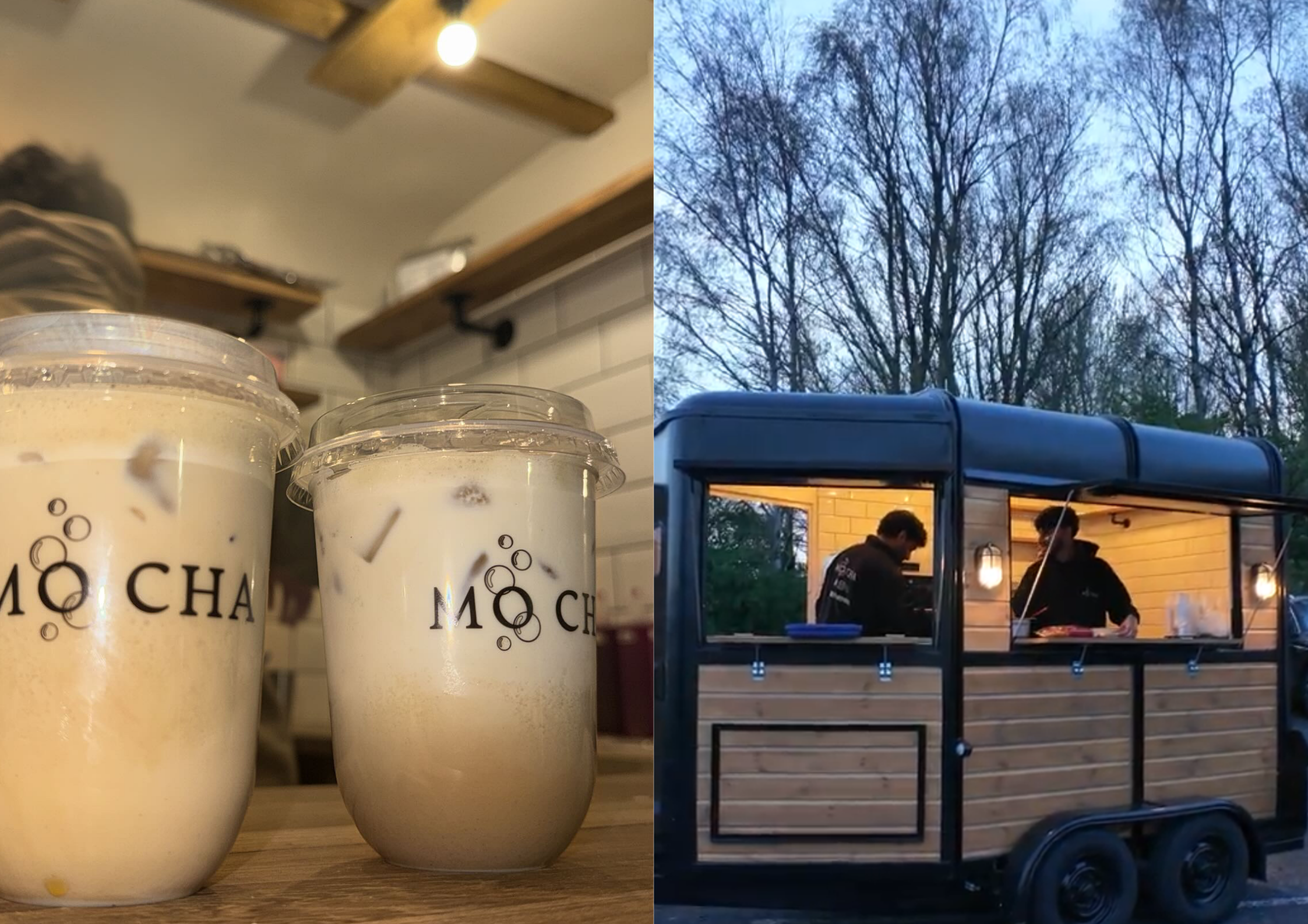 Close-up of two sealed cups of bubble tea with black text logo on a wooden table inside a cafe, and a mobile food truck outside at dusk with two people preparing food inside, surrounded by trees.