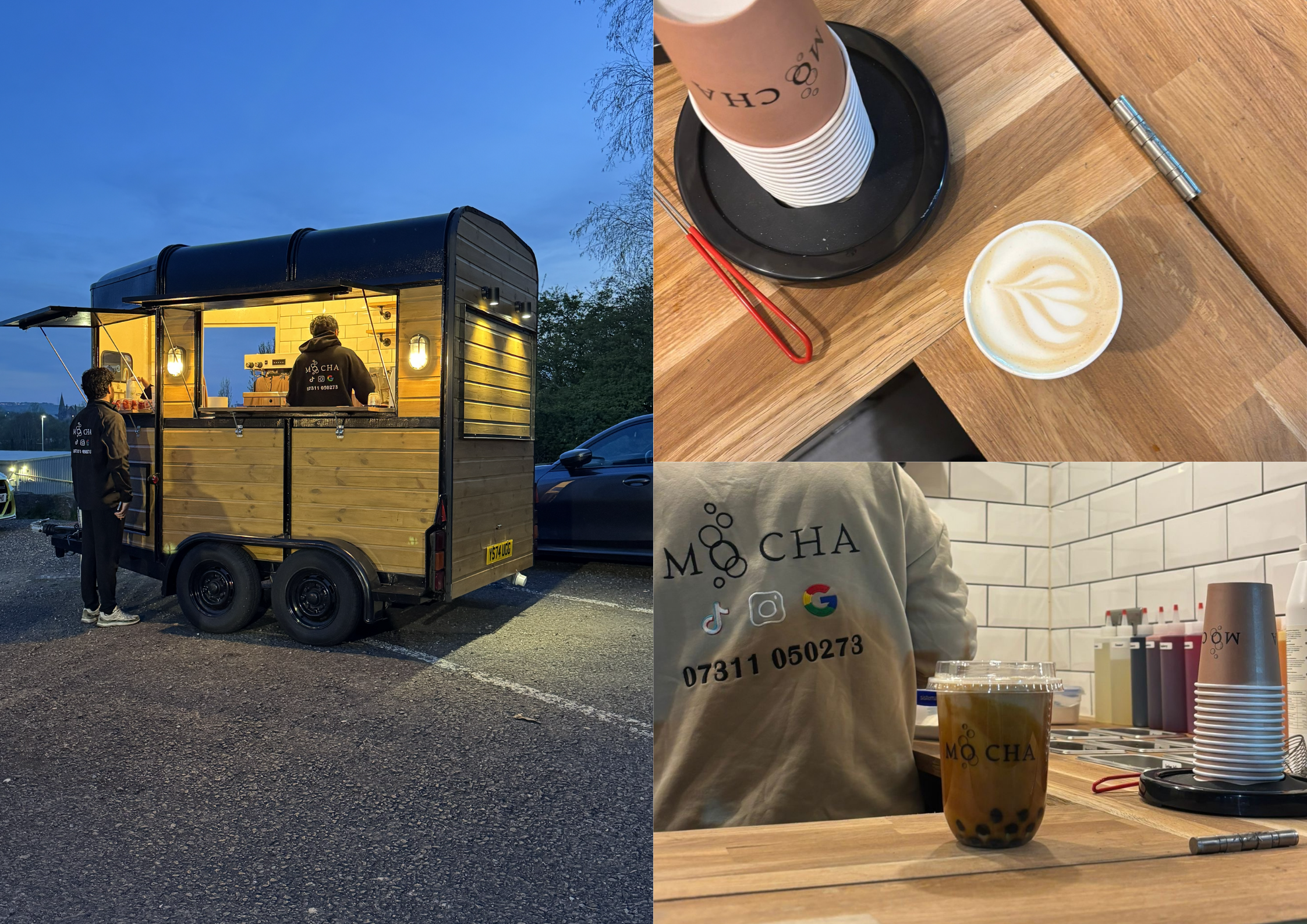A mobile bubble tea shop with two staff members inside, serving drinks in an outdoor setting during dusk. The setup features a wooden exterior and is equipped for customers to order bubble tea, which is also displayed in cups and a plastic cup with tapioca pearls on the wooden counter inside.