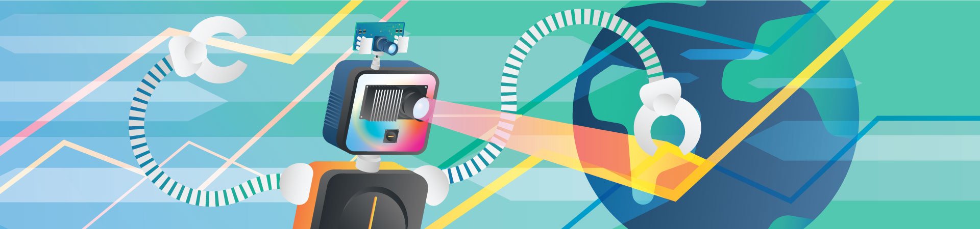 Illustration of a robot with a camera and robotic arm analyzing data and graphs.