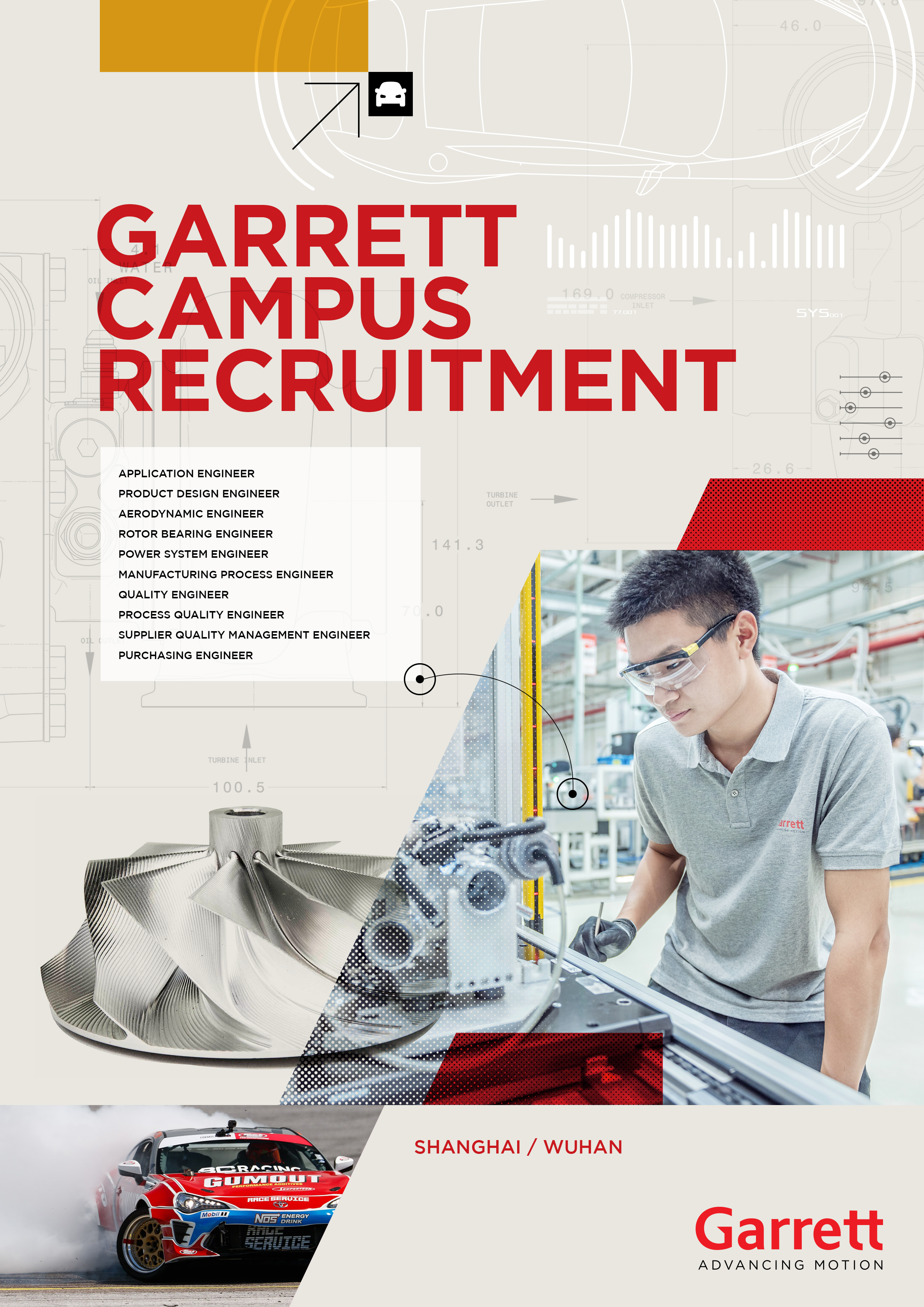 Garrett campus recruitment poster featuring engineering careers, a photo of a young engineer, a turbocharger, a race car, and the Garrett logo.