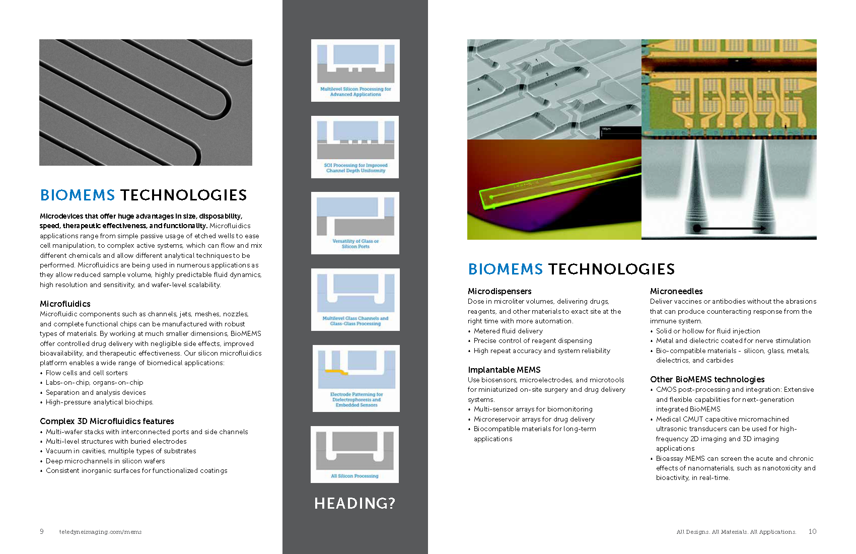 Technical brochure with images of microfluidic devices and silicon processing; text describing BIOMEMS technologies such as microdispensers, microneedles, implantable MEMS, and other bioMEMS applications.