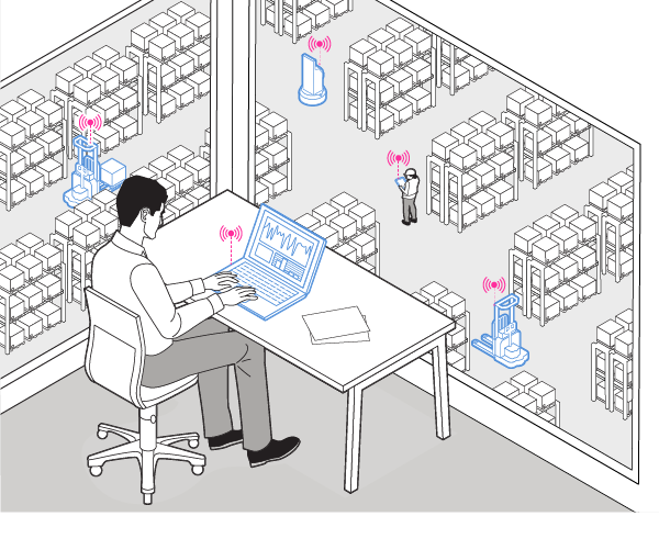 A person working on a laptop at a desk with a warehouse full of shelves and boxes visible through a large window behind them. Wireless signals are shown emanating from robots and a person in the warehouse.
