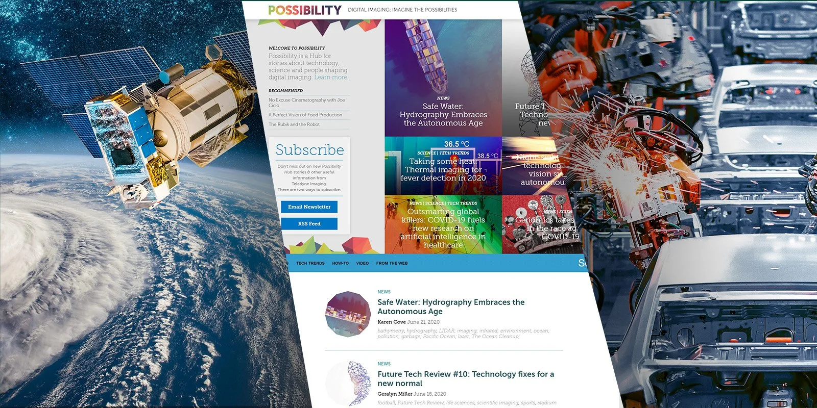 A digital collage combining space exploration with earth, technology, and automated car manufacturing, featuring a satellite orbiting earth, digital news headlines on tech trends, and robotic assembly lines.