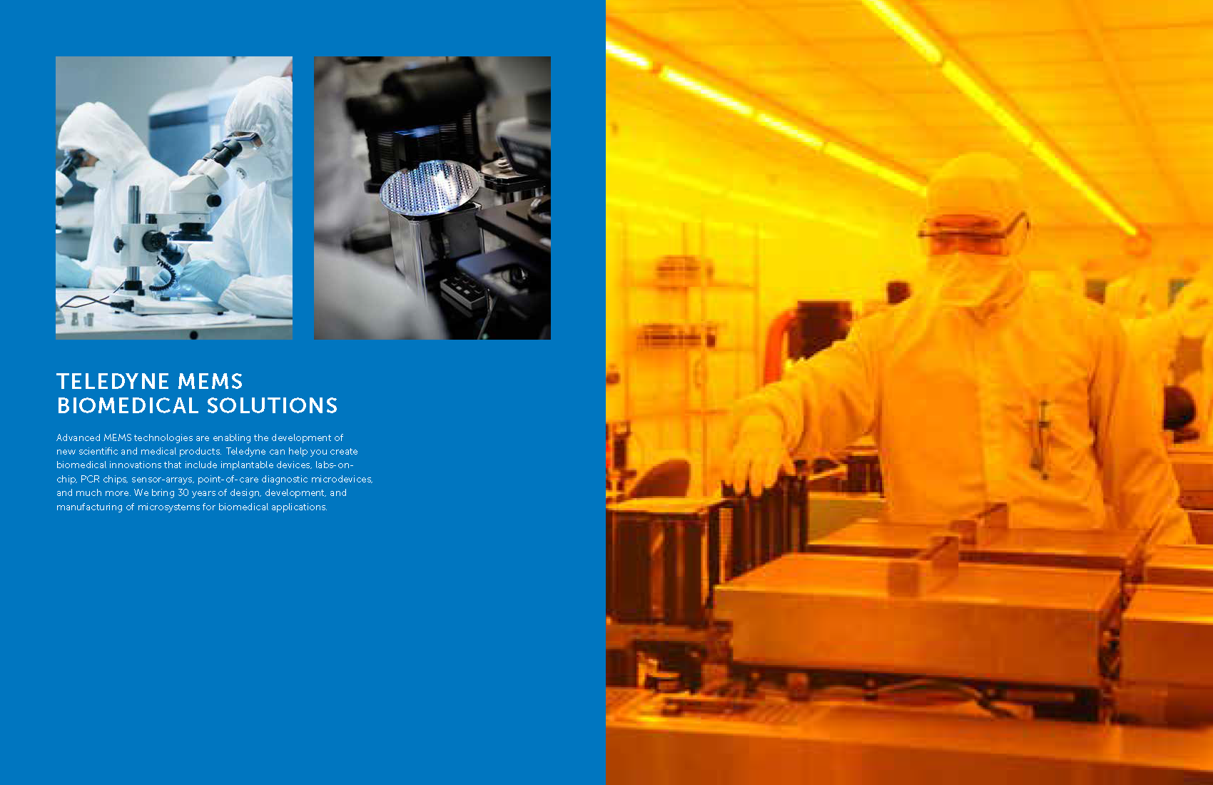 Left side shows two scientists in clean room suits working in a laboratory with microscopes and scientific equipment. Right side shows a worker in a clean room with yellow lighting, wearing protective suits and working with boxes on a conveyor system