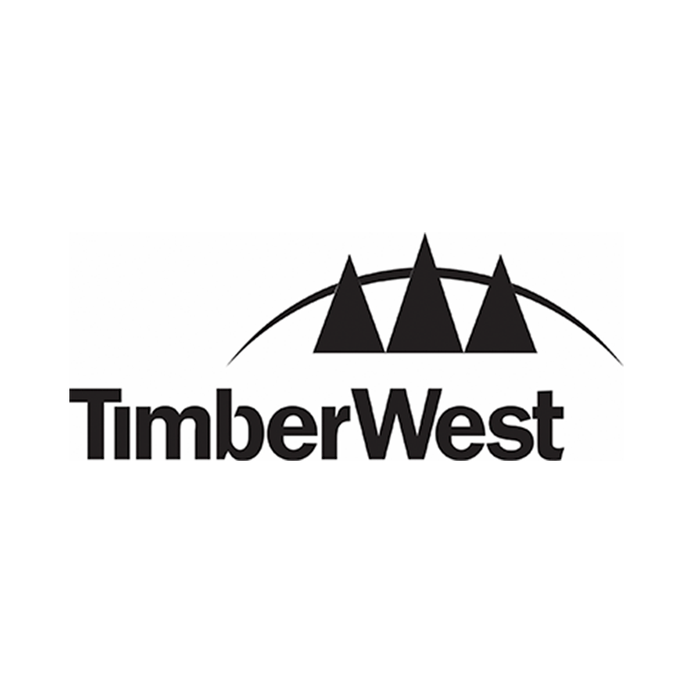 Black and white TimberWest logo featuring three stylized trees and a curved line above the company name.