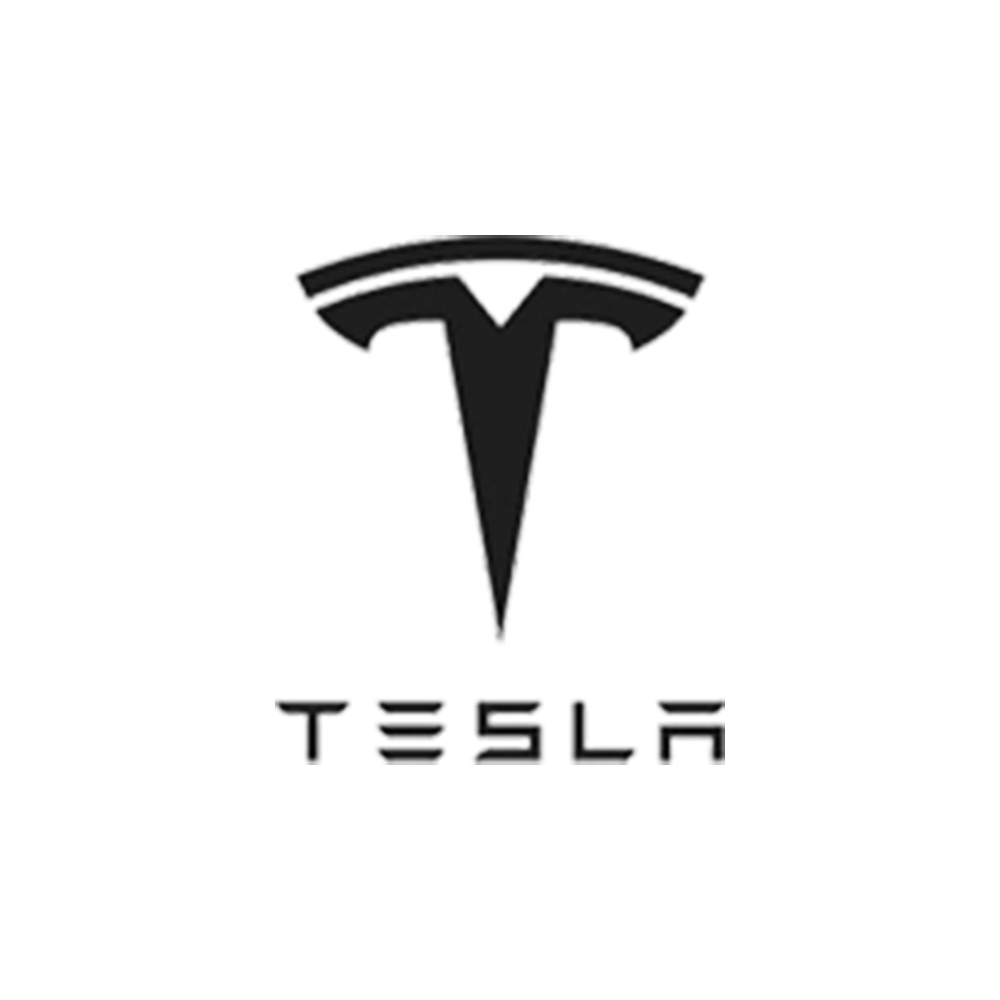 Black Tesla logo with the word 'TESLA' below it on a white background.