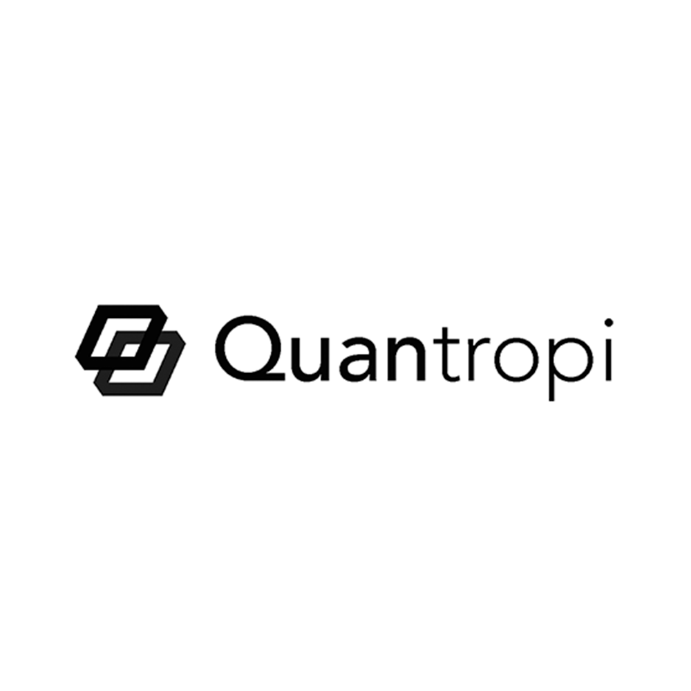 Black and white logo with geometric icon and the word 'Quantropi'