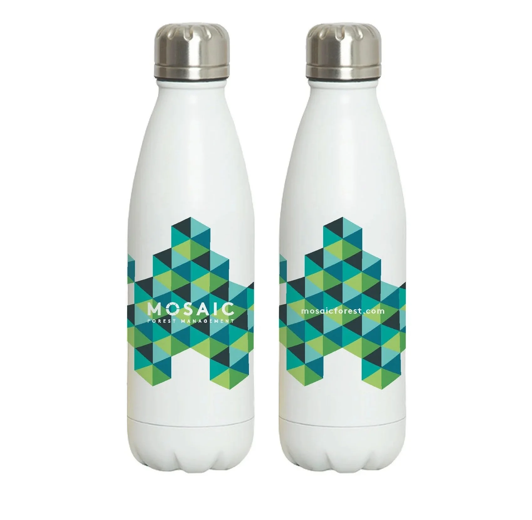 Two white water bottles with silver caps, featuring a green and blue geometric mosaic logo and text for Mosaic Forest Management. The bottles have a smooth, cylindrical shape.