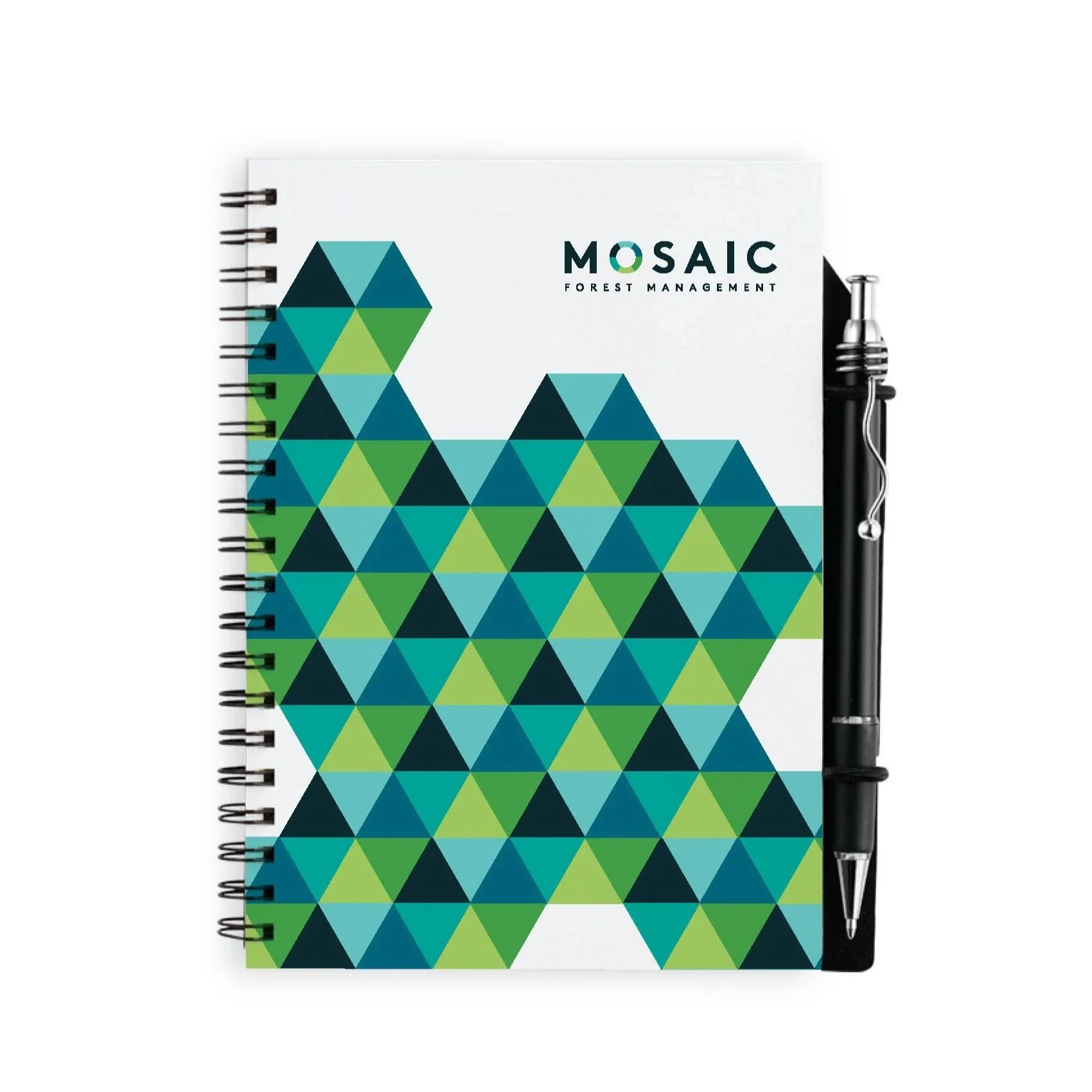 Spiral notebook with a geometric green and blue mosaic pattern cover, titled 'MOSAIC Forest Management,' with a black pen attached on the right side.