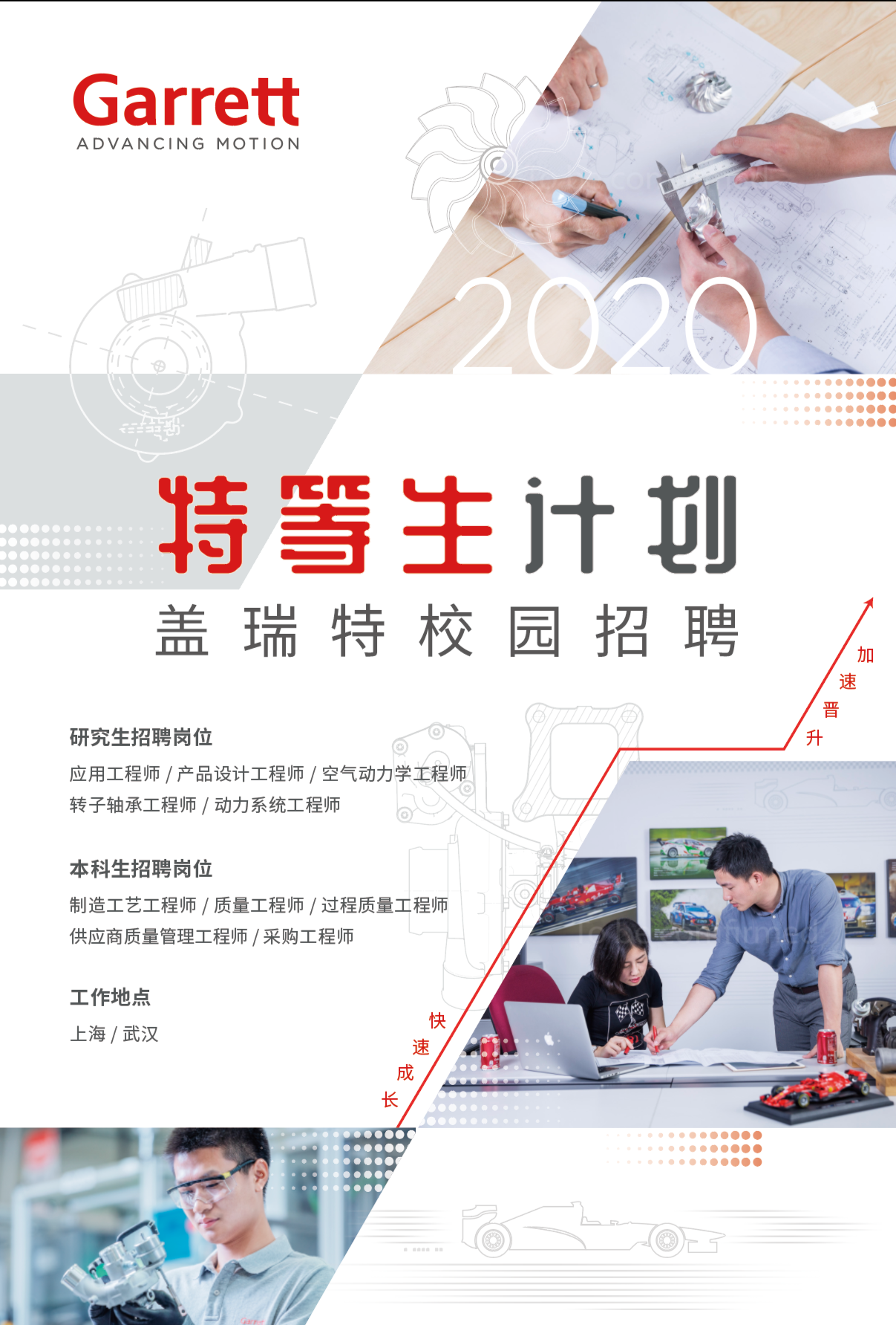 A recruitment poster for Garrett, featuring engineers working on technical projects and race cars, with Chinese text and a red upward arrow indicating growth. The poster emphasizes accelerating advancement and career growth.