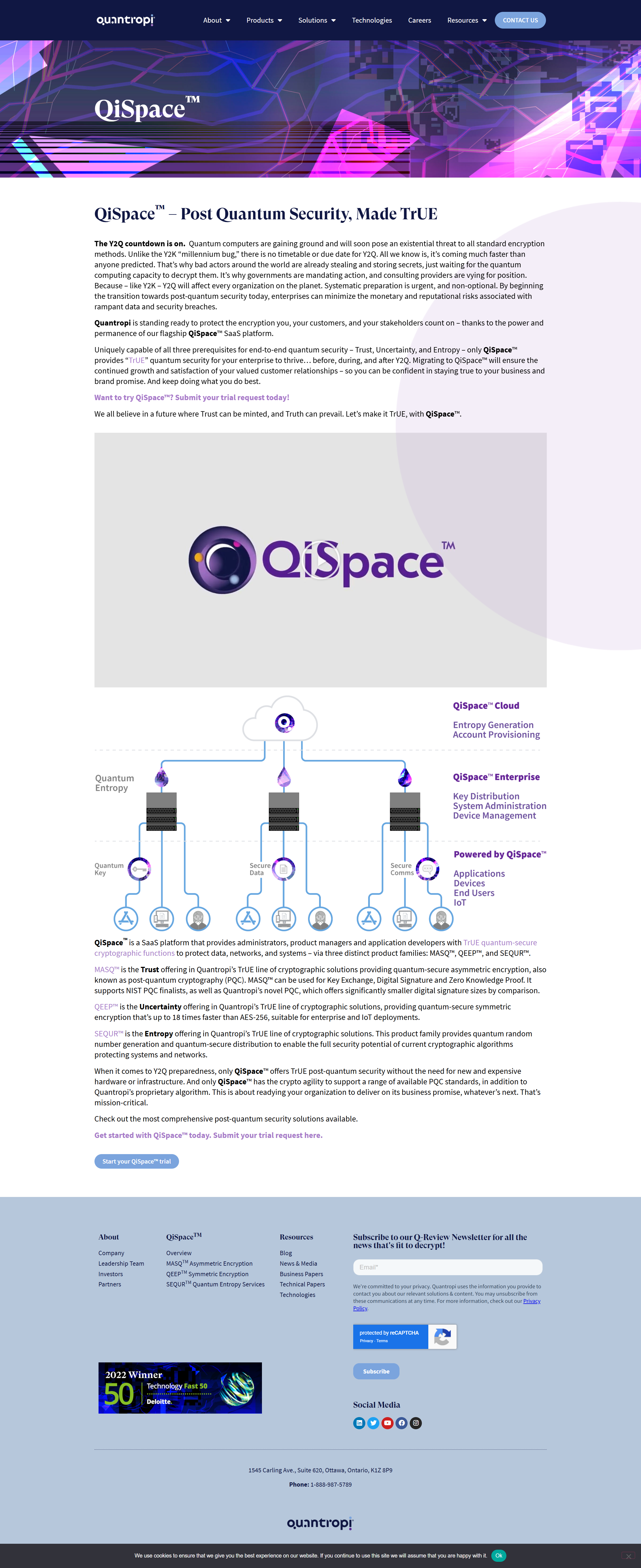 A webpage for QiSpace, a quantum security platform, with a dark, futuristic header, a logo featuring a purple atom symbol, and diagrams explaining quantum encryption solutions.
