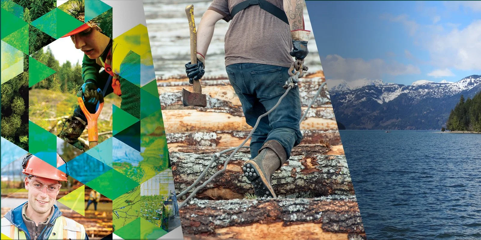 Collage of outdoor and environmental activities, including a person using a shovel, a person in safety gear, a lake with mountains in the background, and a person climbing or balancing on logs.