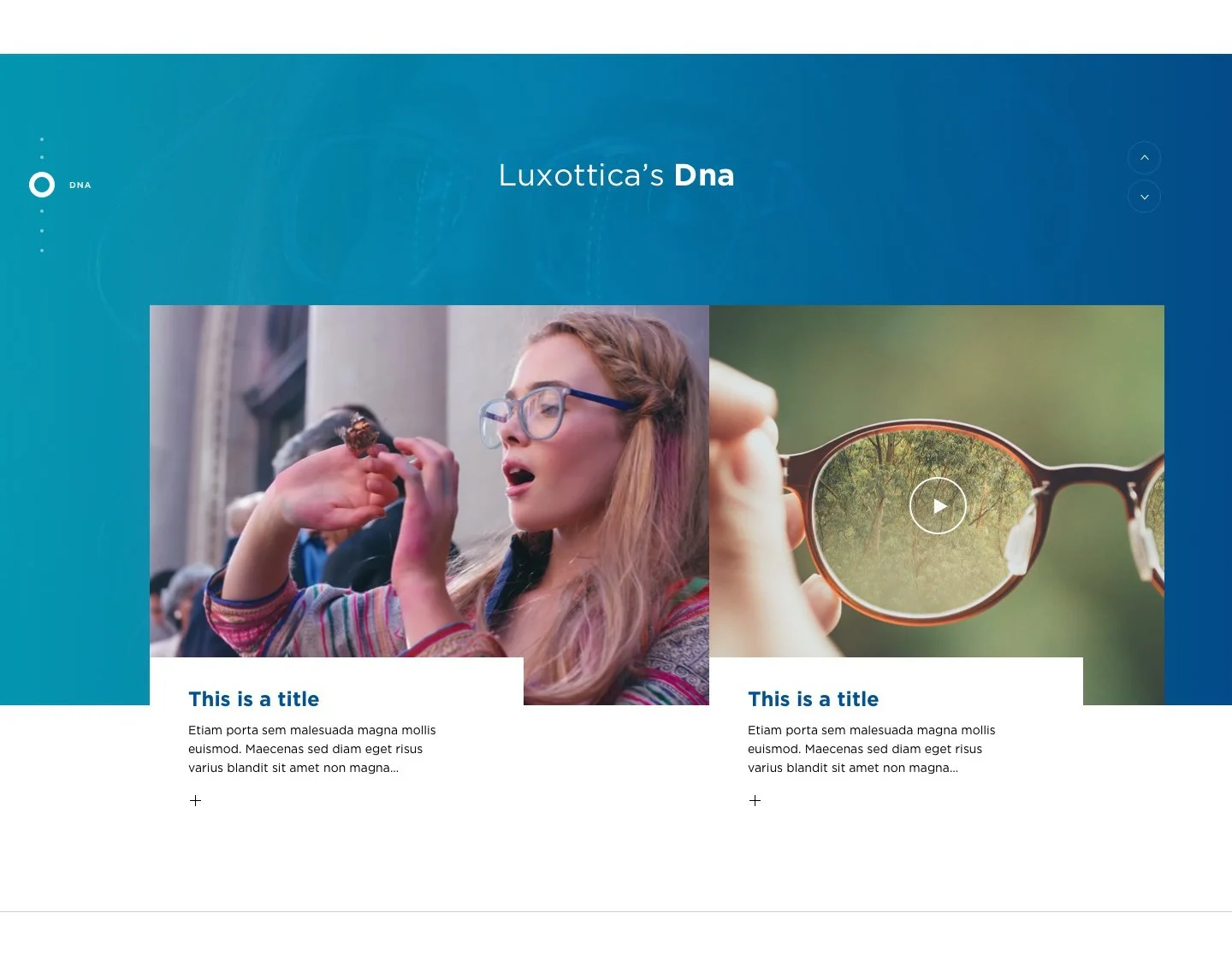A webpage titled 'Luxottica's DNA' features two main images. The left image shows a woman with long hair, glasses, and a striped shirt, holding a snack and looking surprised. The right image displays a pair of sunglasses held up by a hand, with a nat