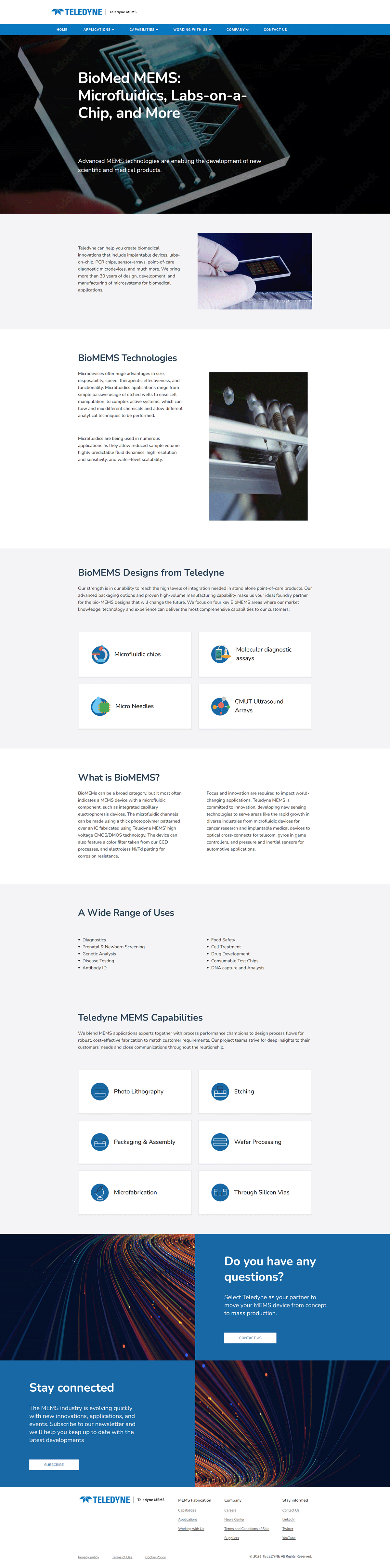 Teledyne BioMed MEMS webpage showcasing microfluidic chips, labs-on-a-Chip, and other technologies for advanced medical and scientific applications.